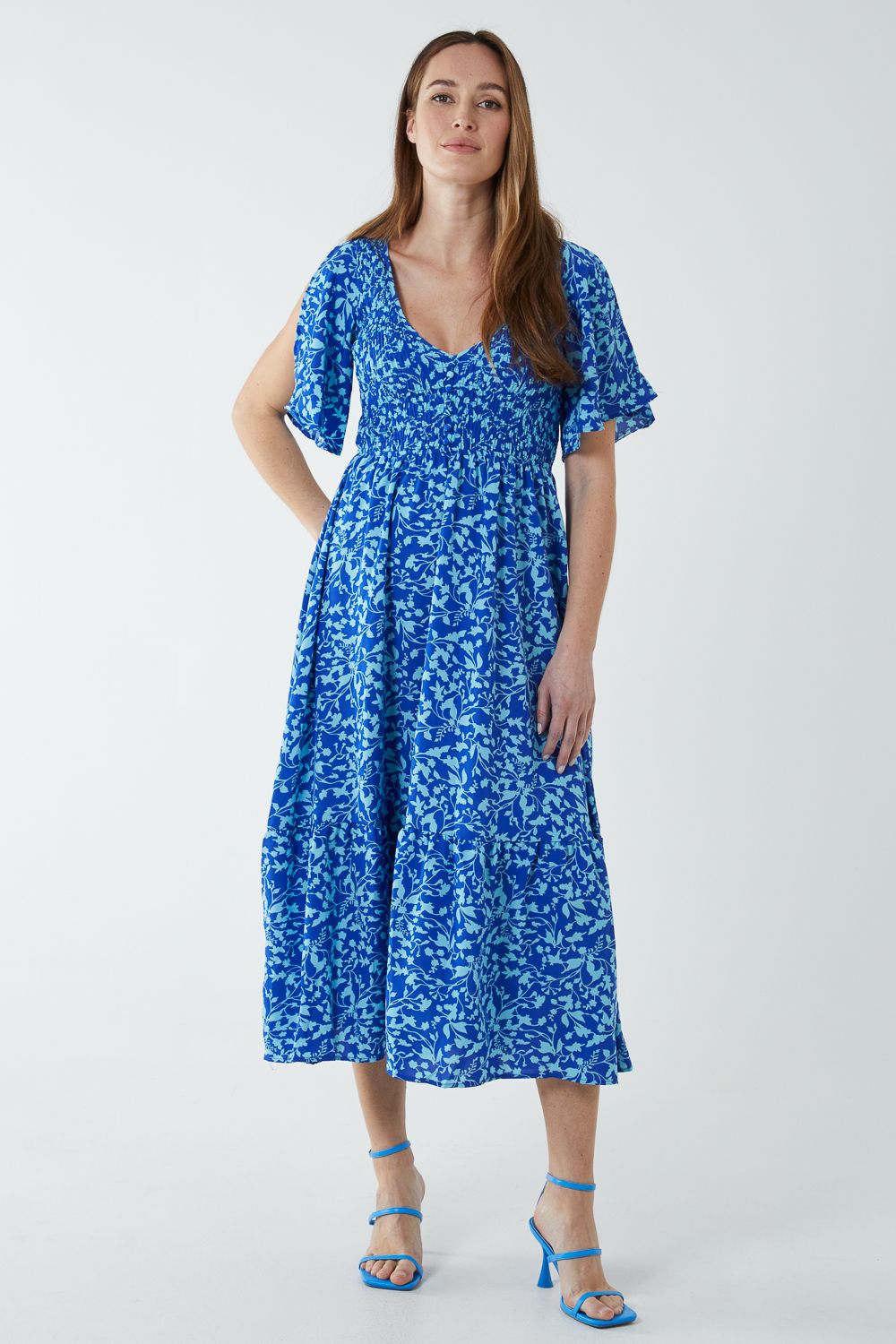 Blue Vanilla Shirred Bust Midi Dress With Angel Sleeves
