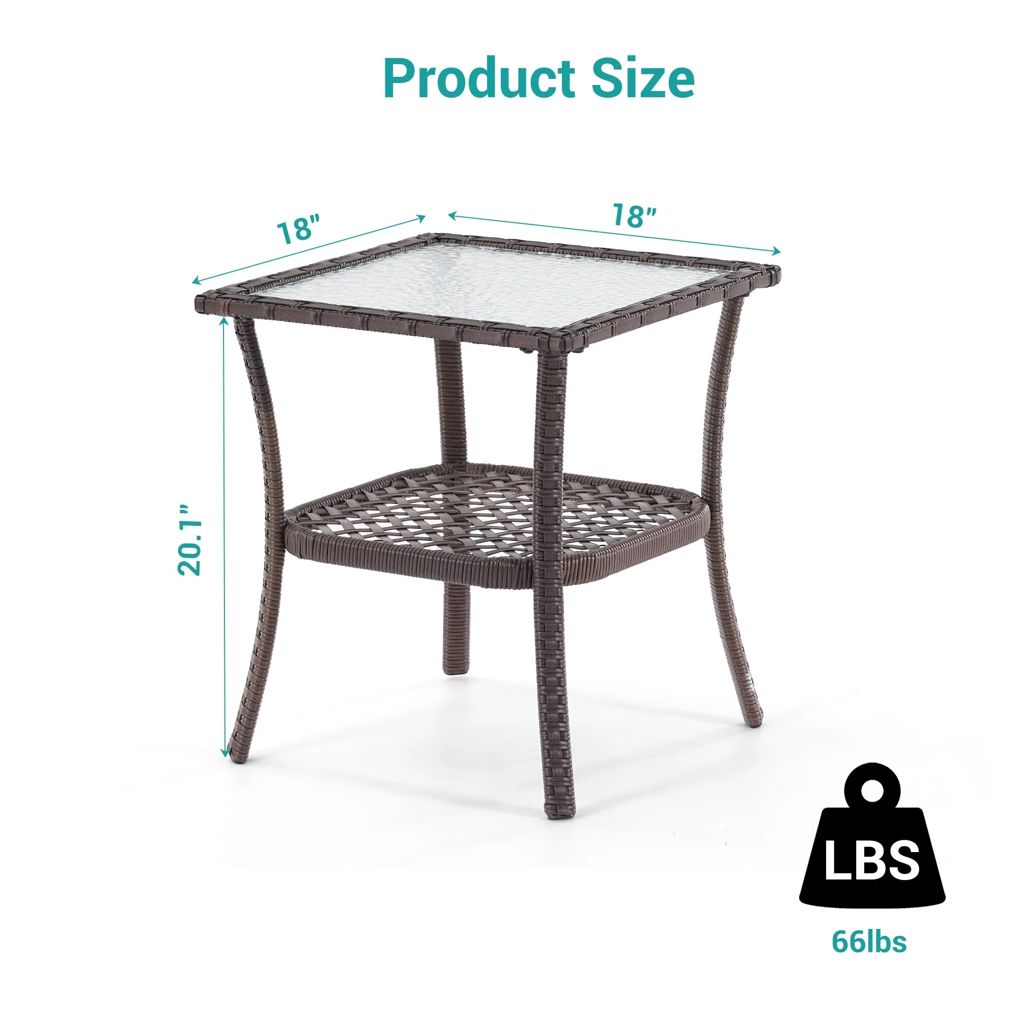 BONOSUKI Outdoor PE Rattan Side Table, Water-Corrugated Glass Tabletop