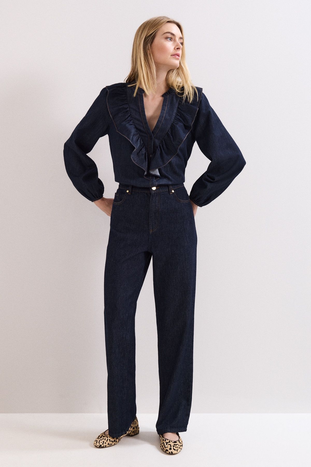 Phase Eight Alexia Denim Ruffle V-Neck Blouse