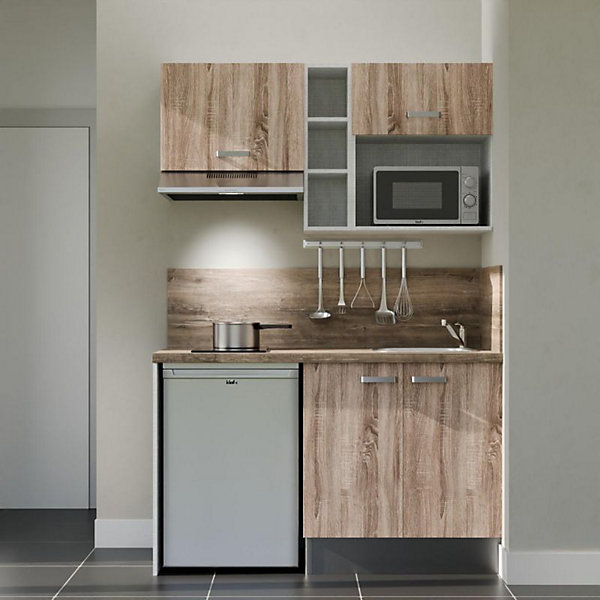 Kitchenette K13 façades Bois - Plan de travail Bois - Crédences : Oui - Evier inox - Electroménager Inox inclus