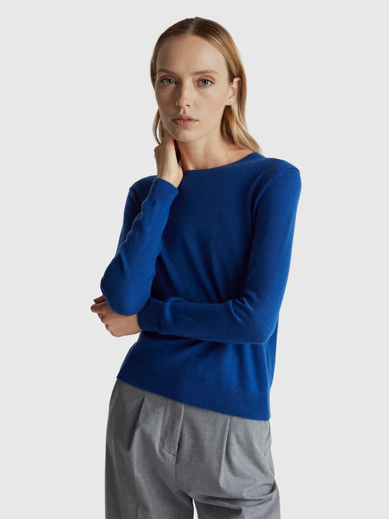 Blue crew neck sweater in Merino wool