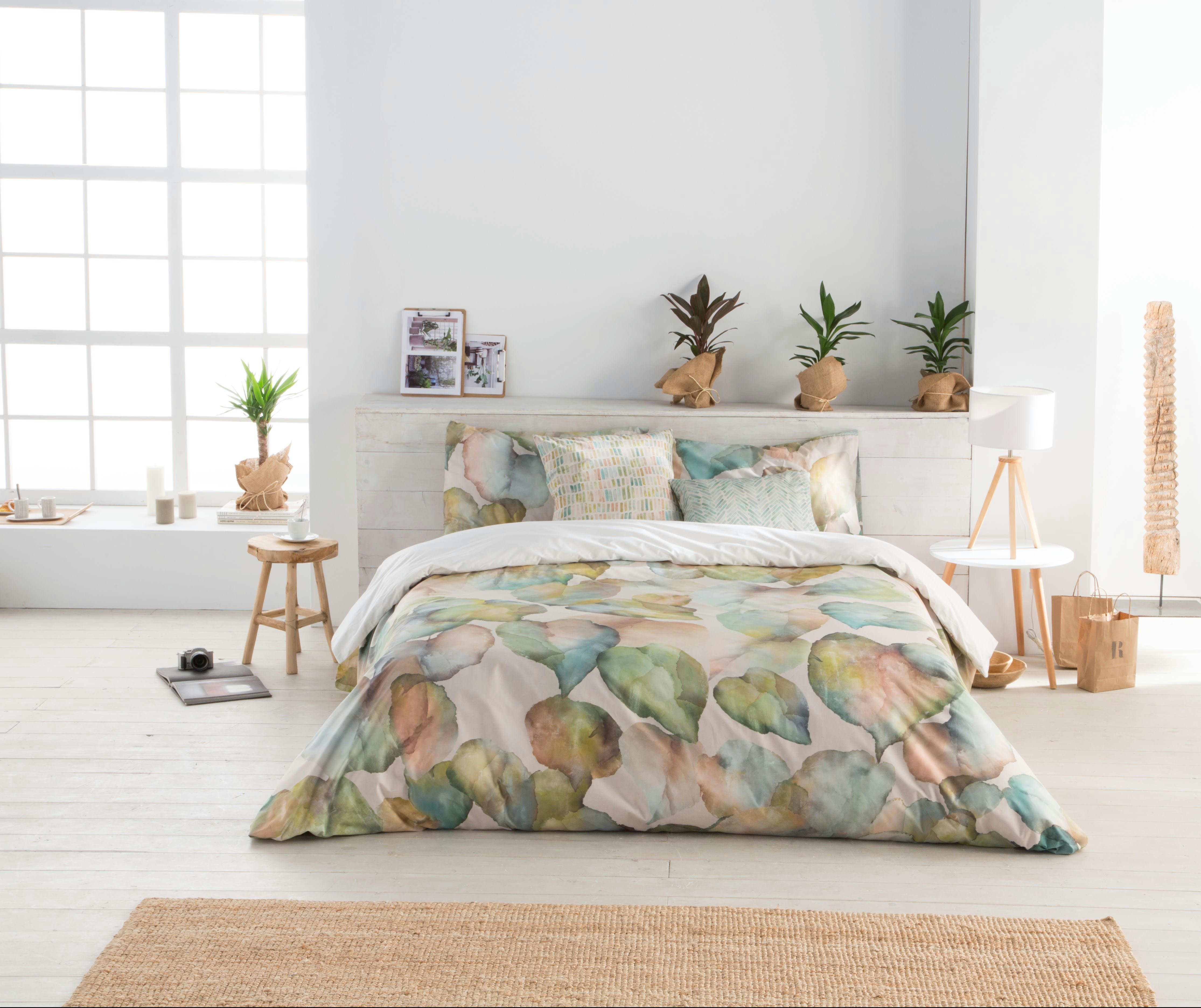 ELDARIN - Housse de couette imprimé floral en percale Coton Vert 220x220 cm