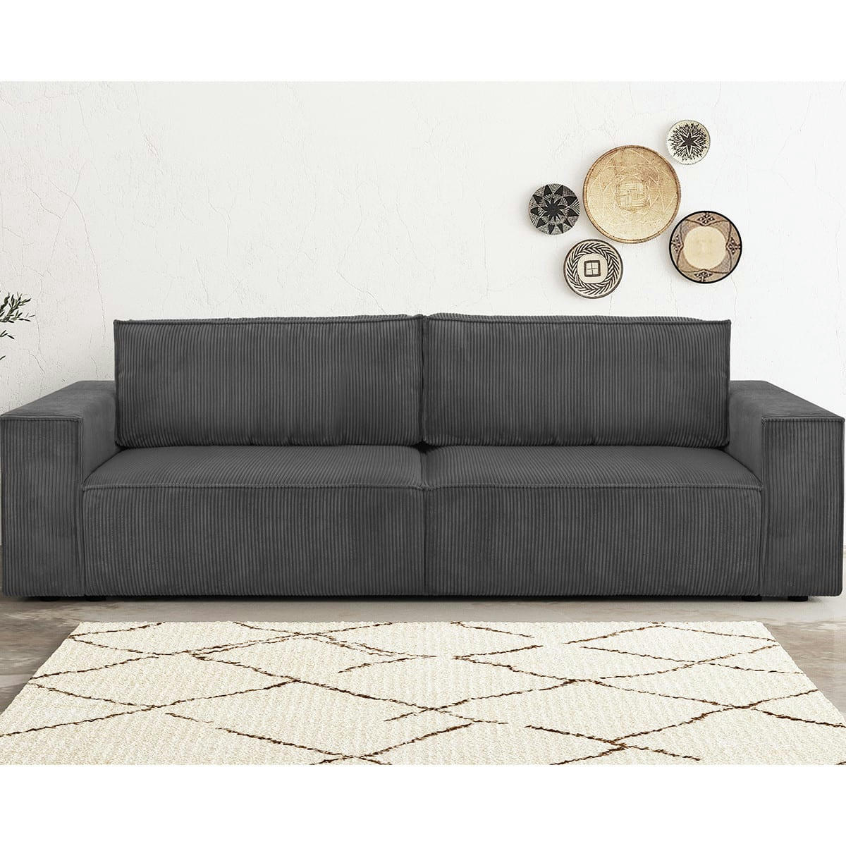 HARPER NEW - Canapé 3 places convertible + coffre en velours côtelé anthracite