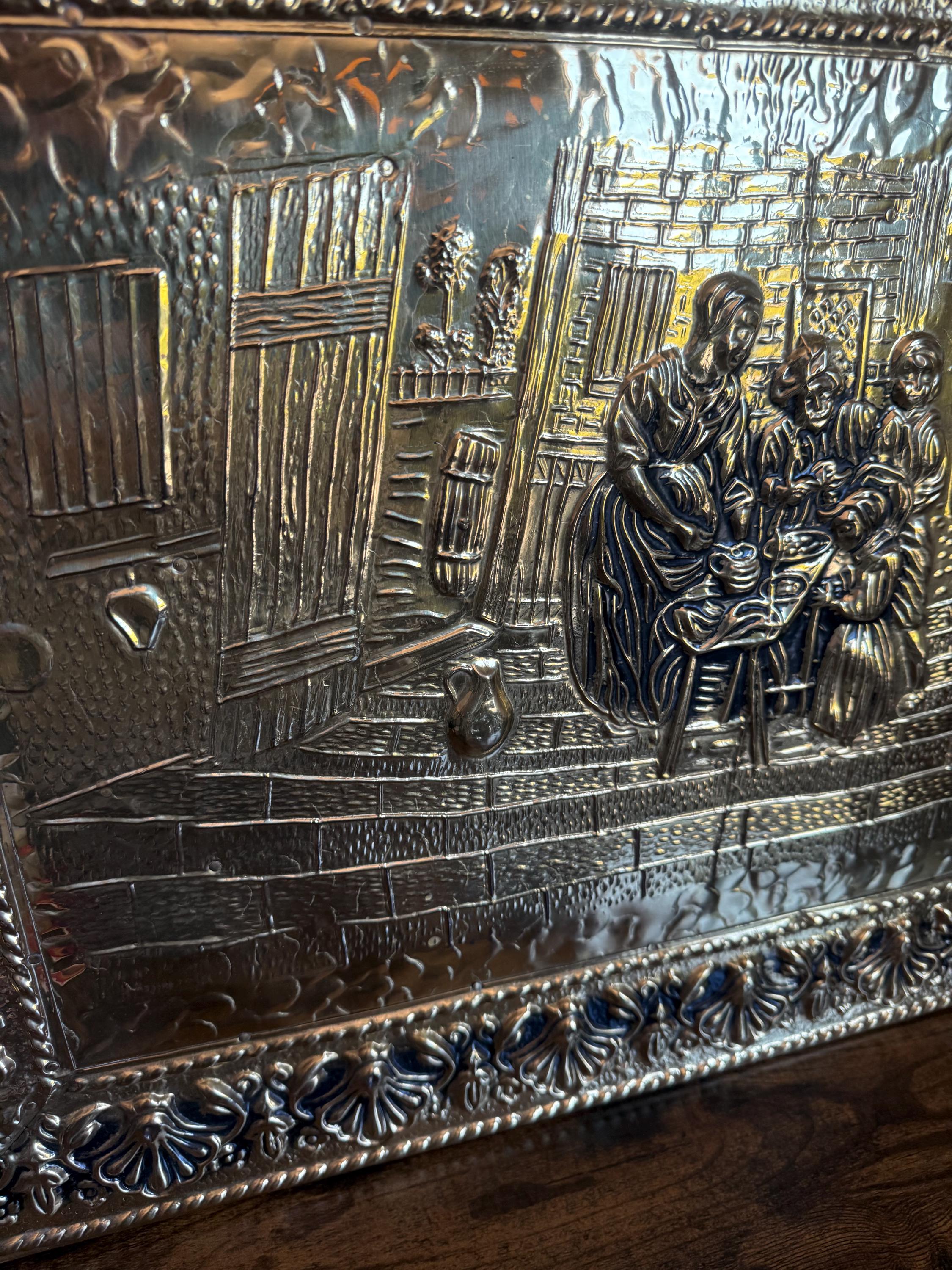 Hammered Brass Fireplace Screen with Victorian Scene