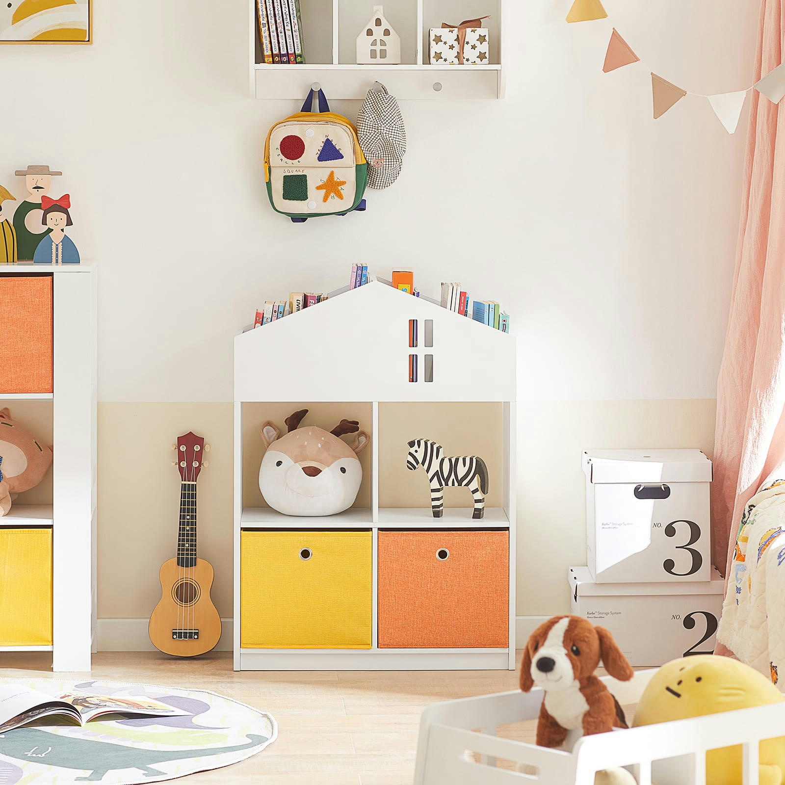 - Meuble de rangement pour livres et jouets 2 paniers effect bois blanc