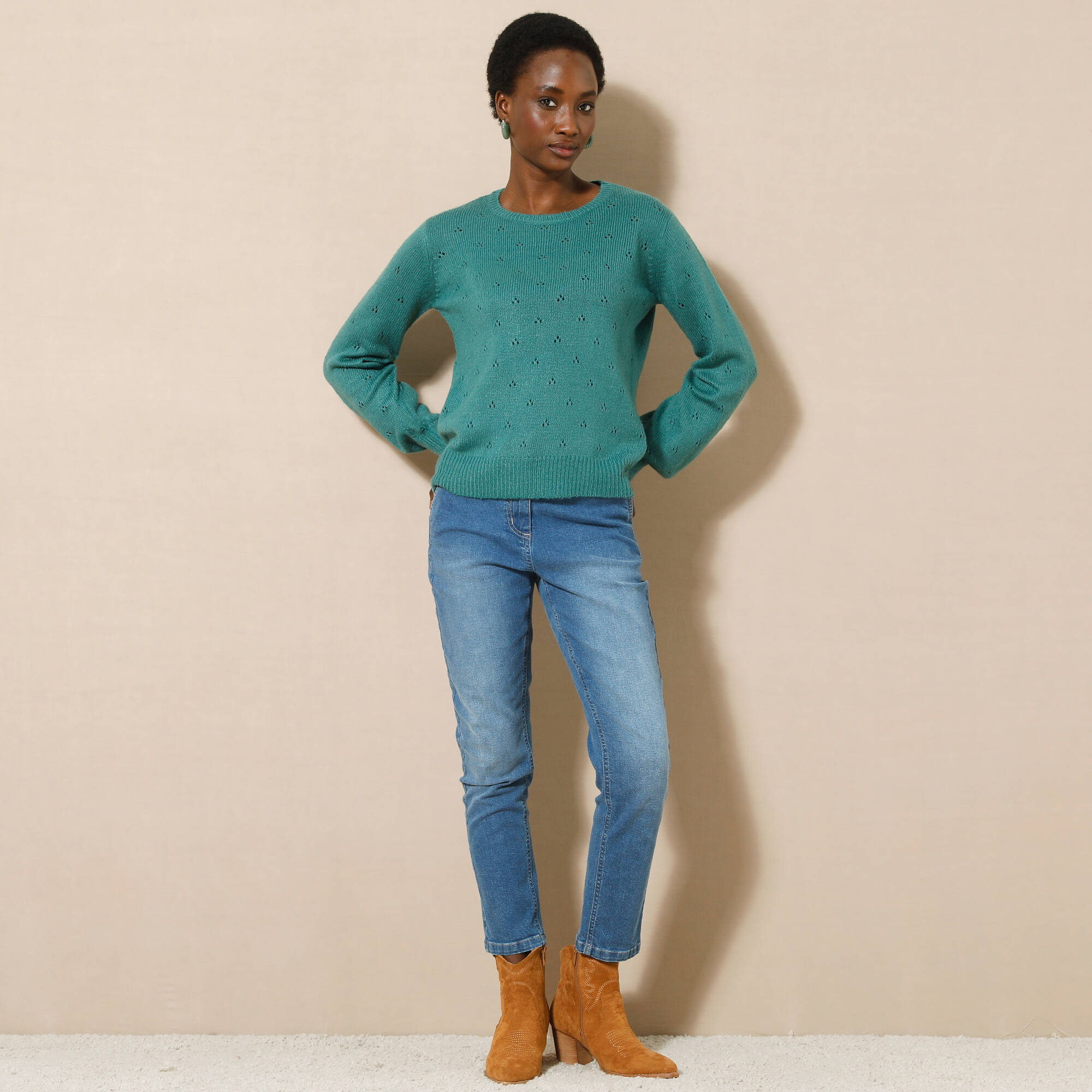 Pull col rond, maille pointelle toucher doux