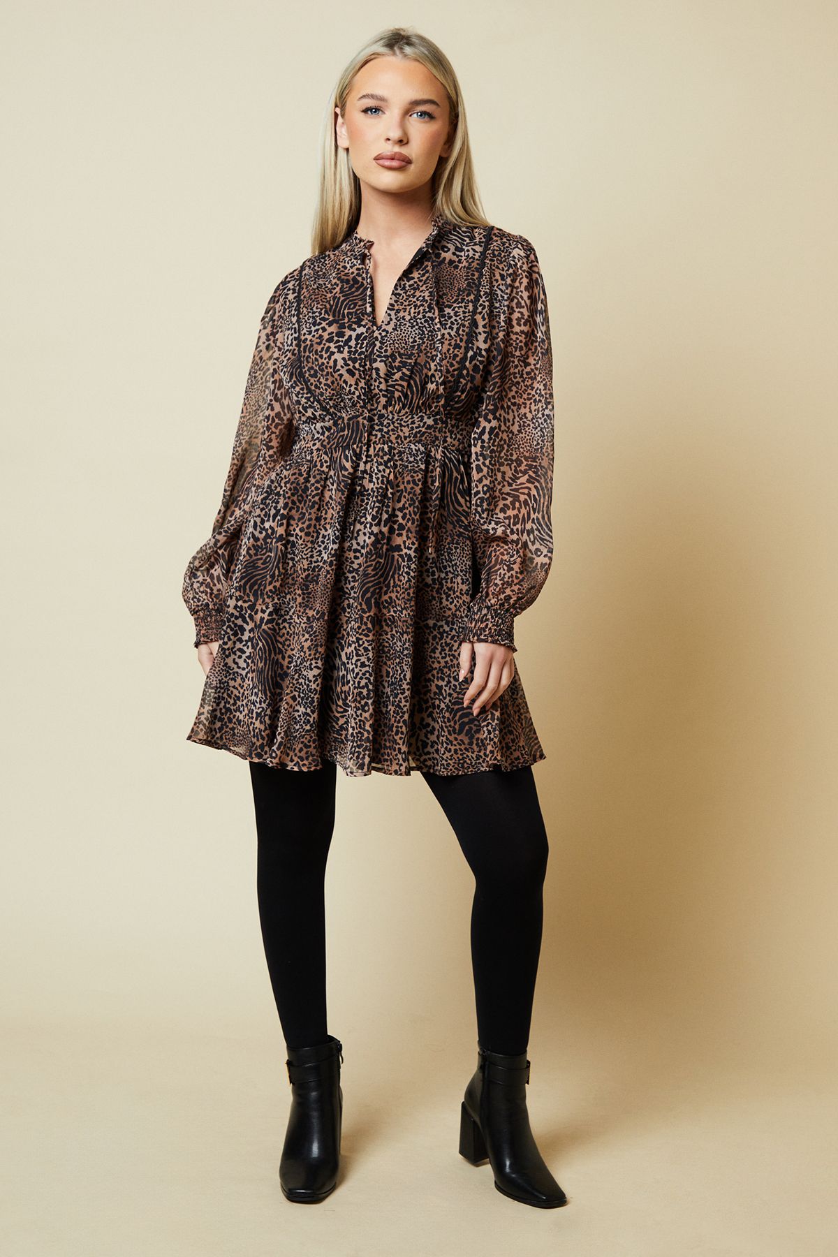 Dorothy Perkins Petite Leopard Chiffon Lace Insert Long Sleeve Mini Dress
