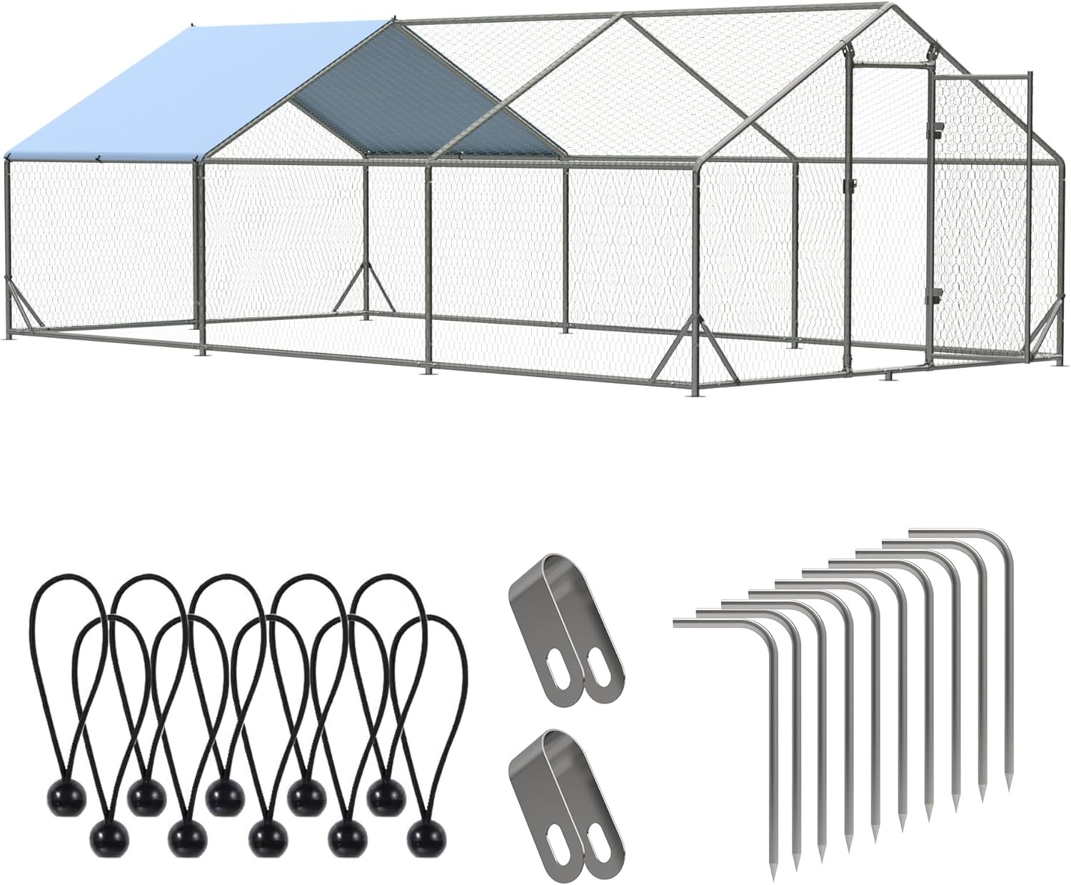 Large Metal Chicken Run Walk-in Poultry Cage Spire-Shaped Chicken Coop with Waterproof and Anti-Ultraviolet Cover for Outside Backyard and Farm 19.6' L x 9.8' W x 6.4' H