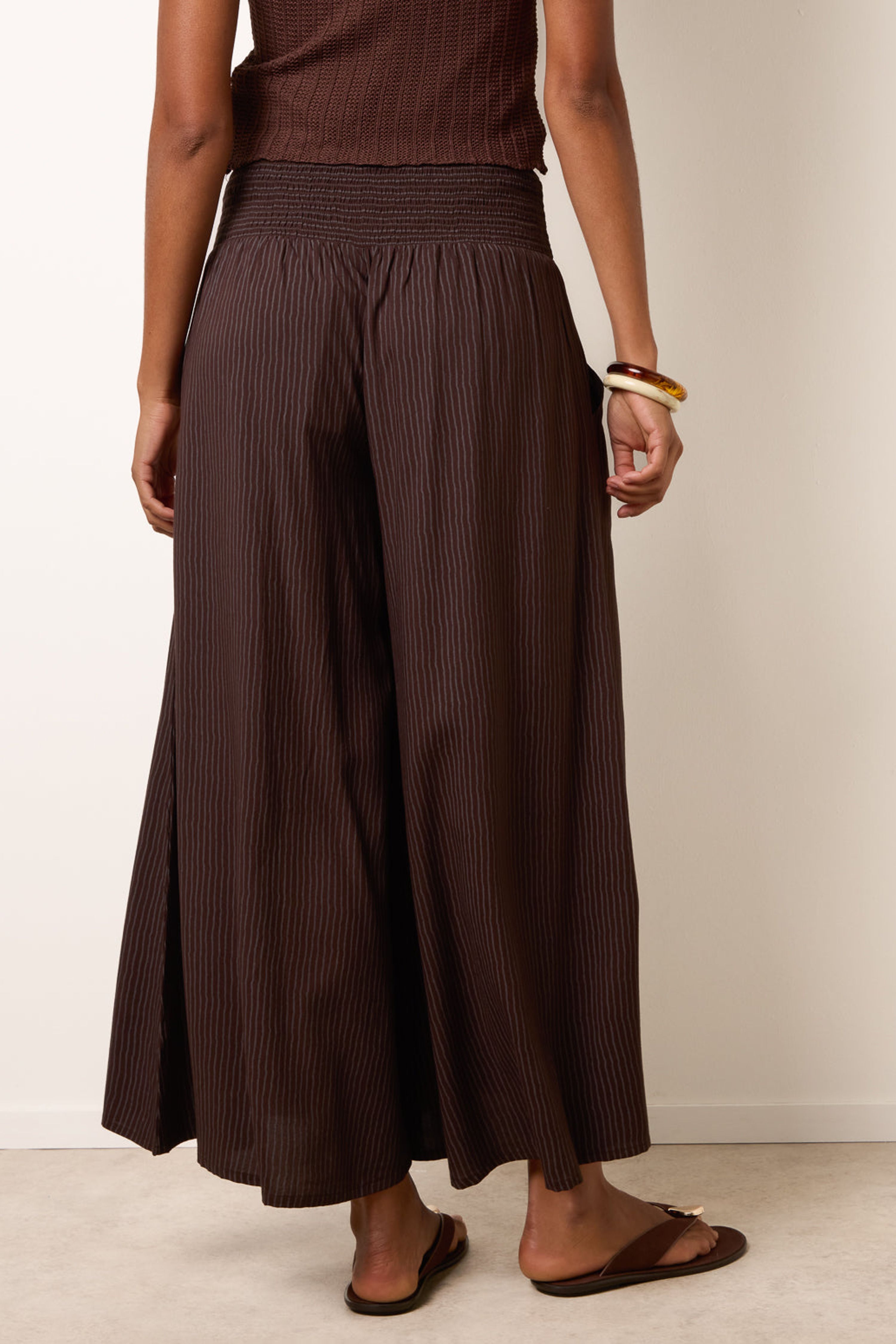 Blue Vanilla Brown Wide Leg Shirred Waist Wavy Trousers