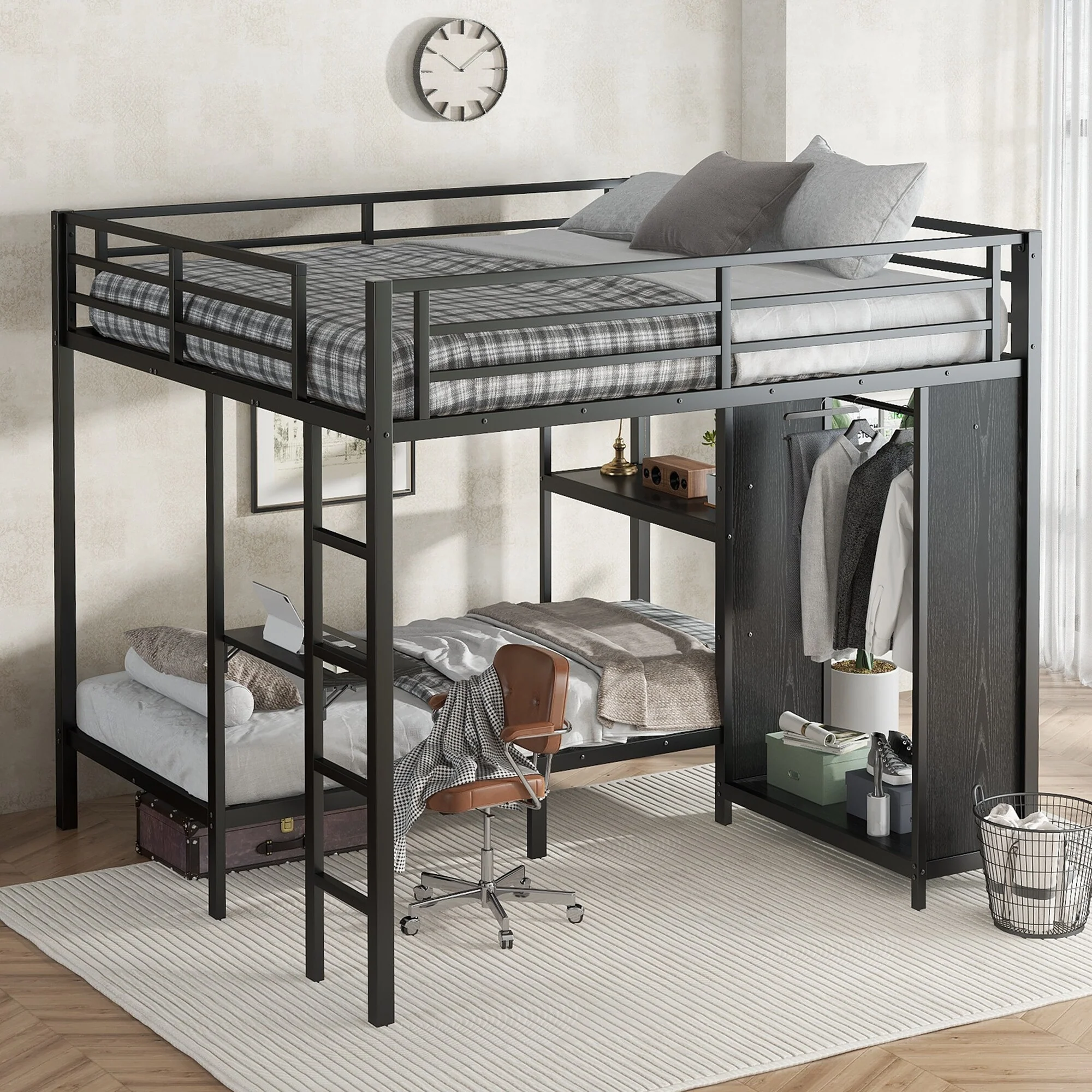 King over Twin XL Size Bunk Bed Frame with Built-in Wardrobe, Metal Bunk Bed with Foldable Desk