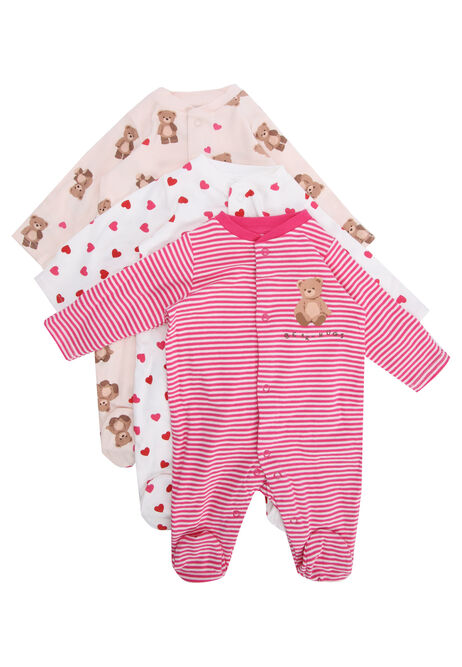Baby Girls 3pk Pink Bear Sleepsuits