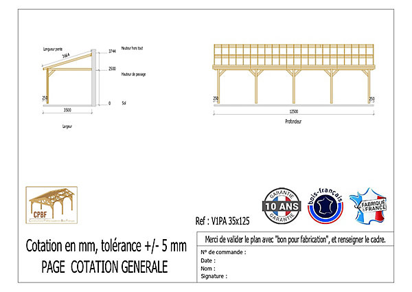 Carport adossé une pente 350cmx1250cm, bois DOUGLAS Français (Charpente en bois-auvent-abri voiture) 44 m². Garantie 10 ans