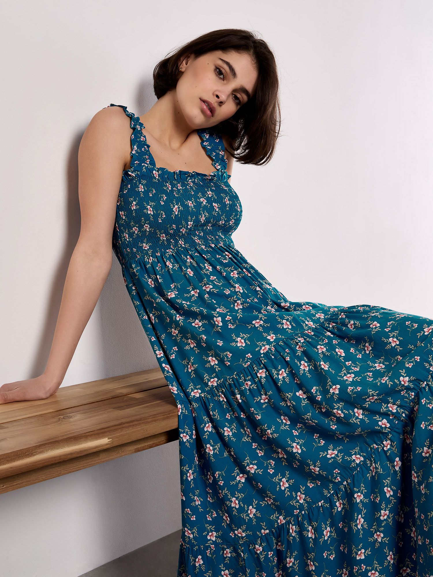 Apricot Orchid Print Smocked Midi Dress