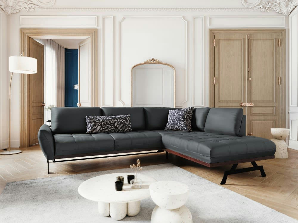 OLIVIER - Canapé d'angle 5 places en cuir bleu gris