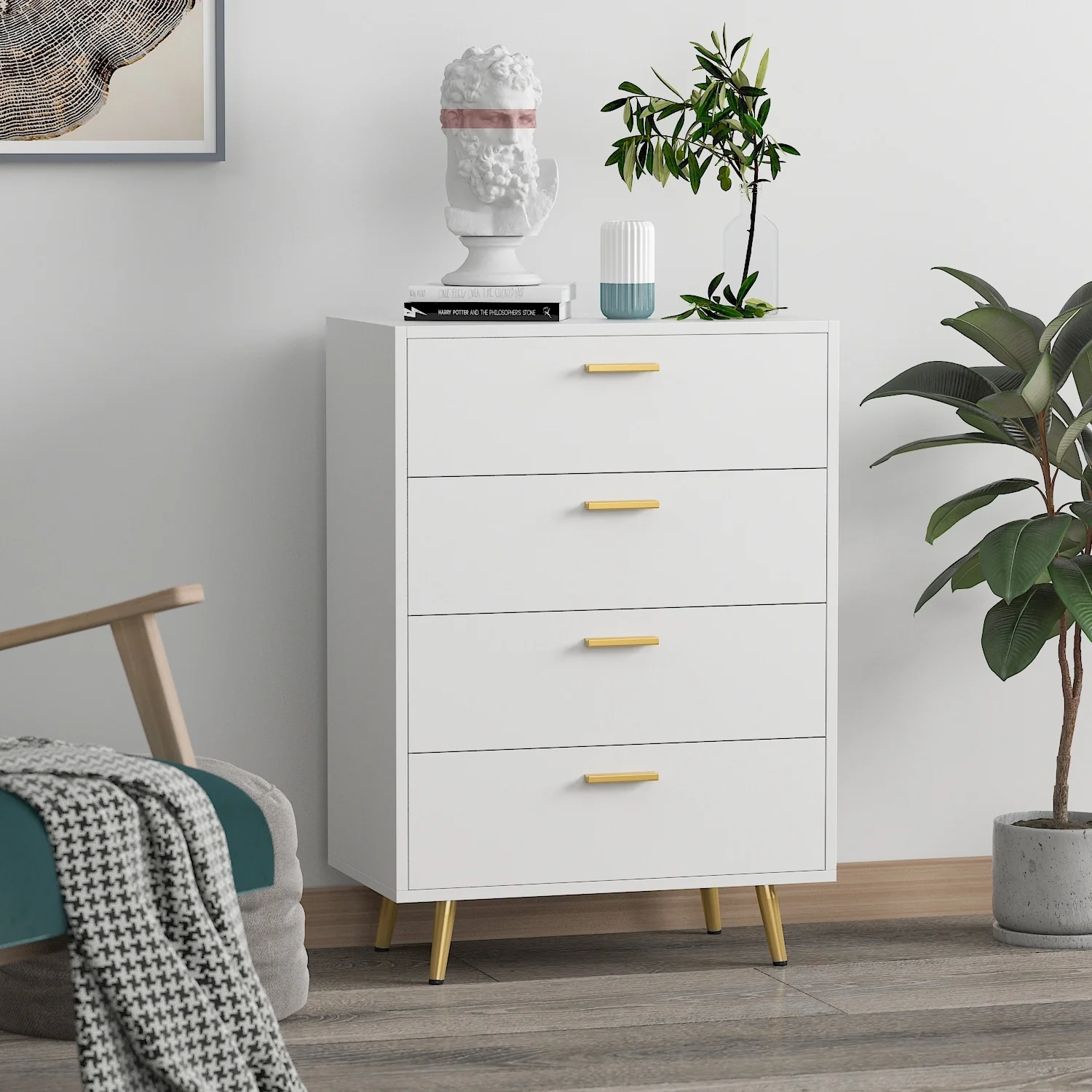 Kerrogee 4-Drawer Dresser - Wood Storage Chest - Walnut/White