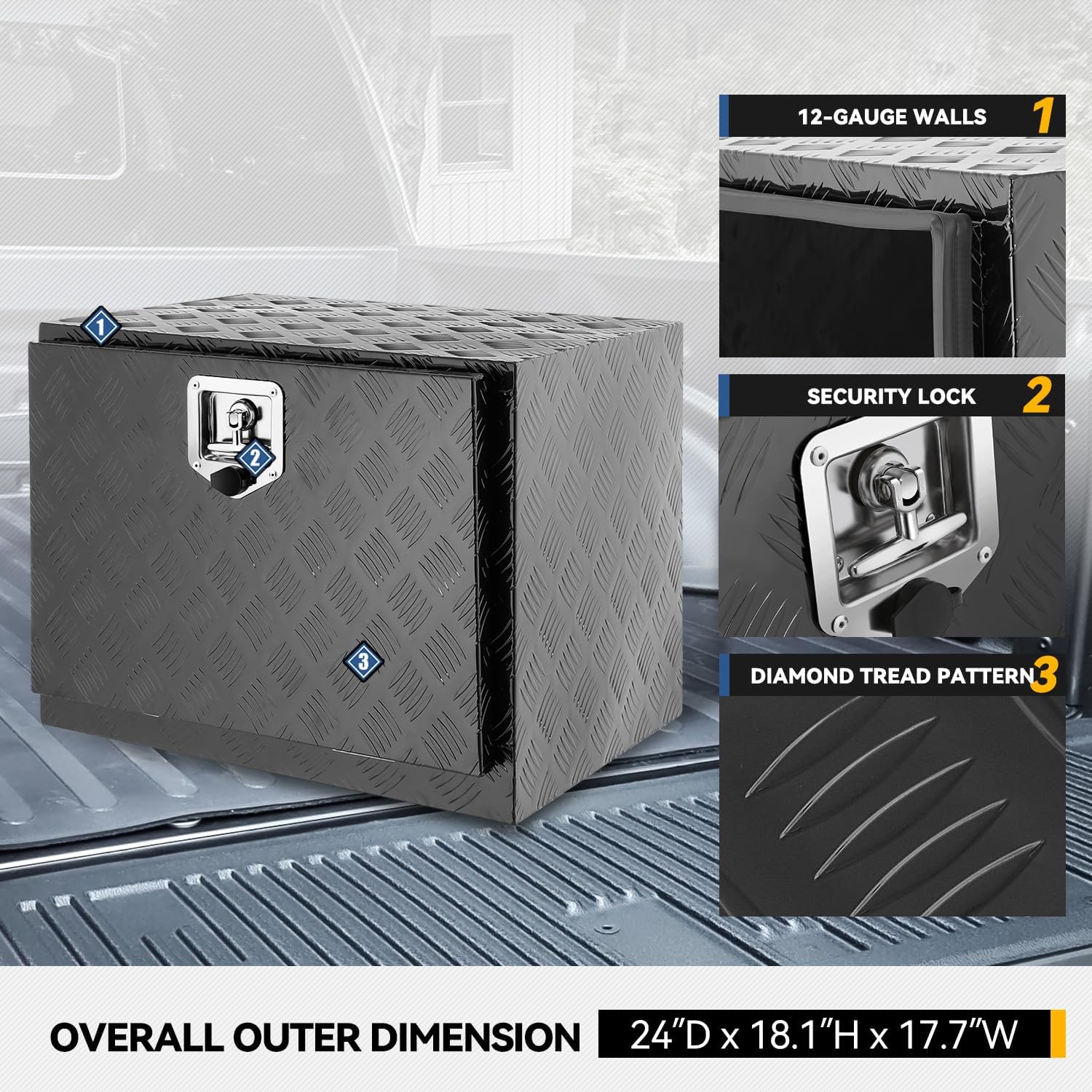 Underbody Truck Box, 24'' D x 17.7W x 18.1H Pickup Storage Box, Heavy Duty Aluminum Diamond Plate Tool Box with Lock and Keys, Waterproof Trailer Storage Box with T-Handle Latch - Black