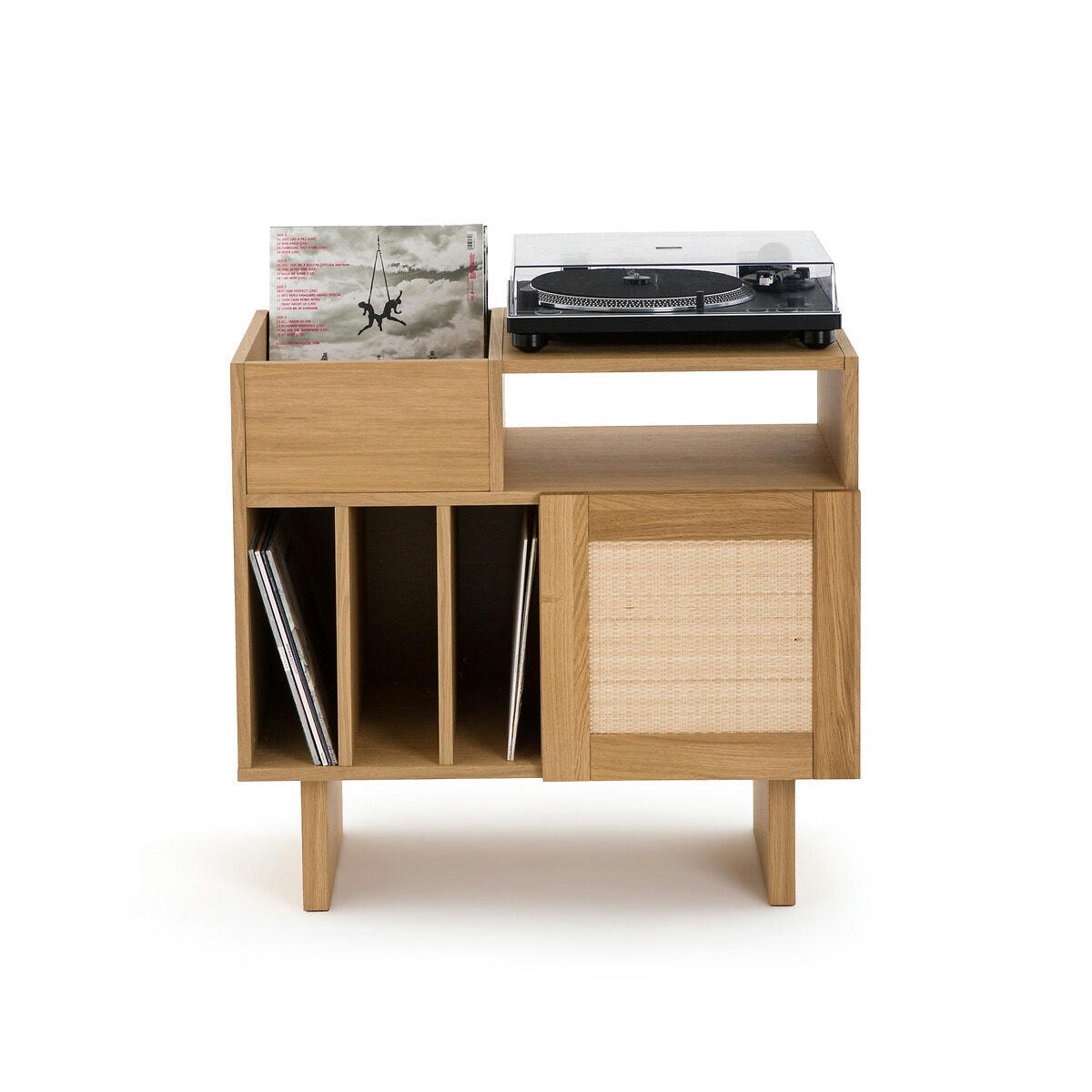 Meuble vinyles chêne et cannage, Arty