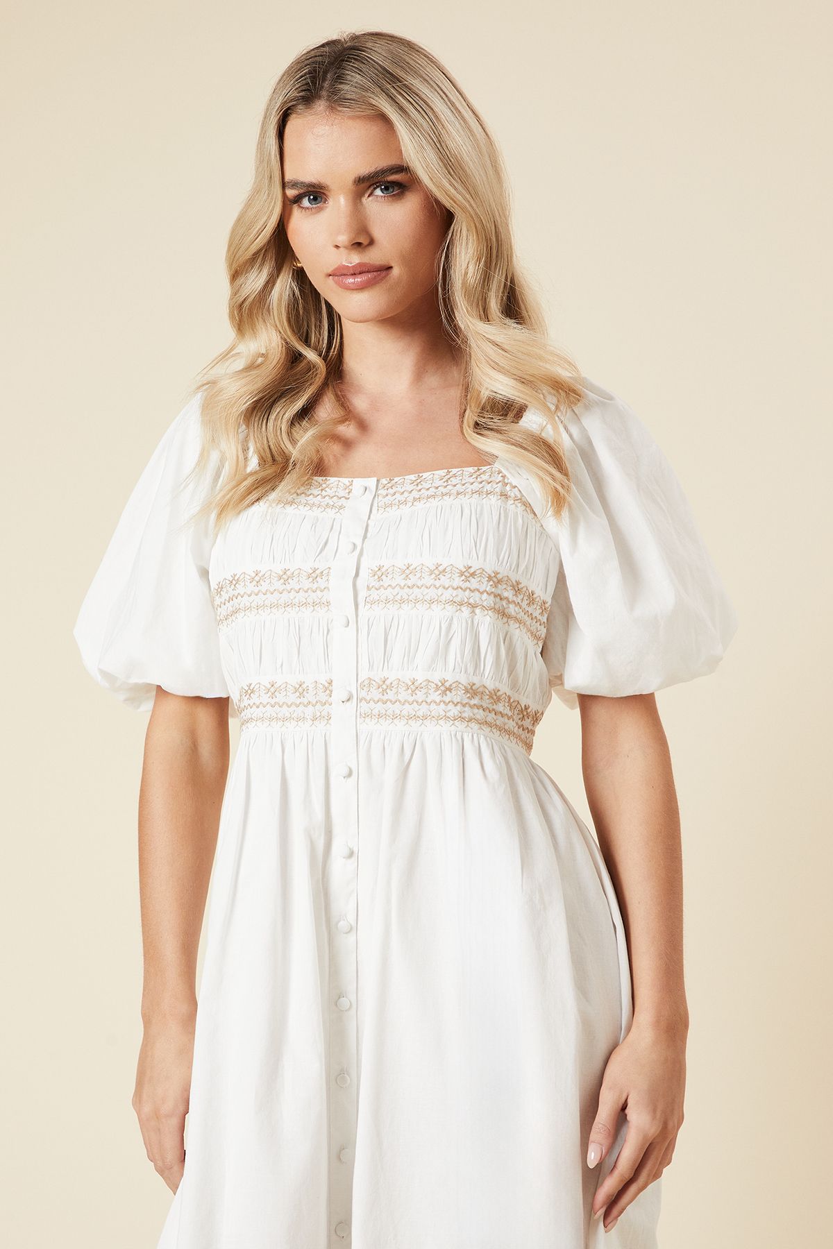 Dorothy Perkins Petite Embroidered Bust Button through Poplin Midi Dress