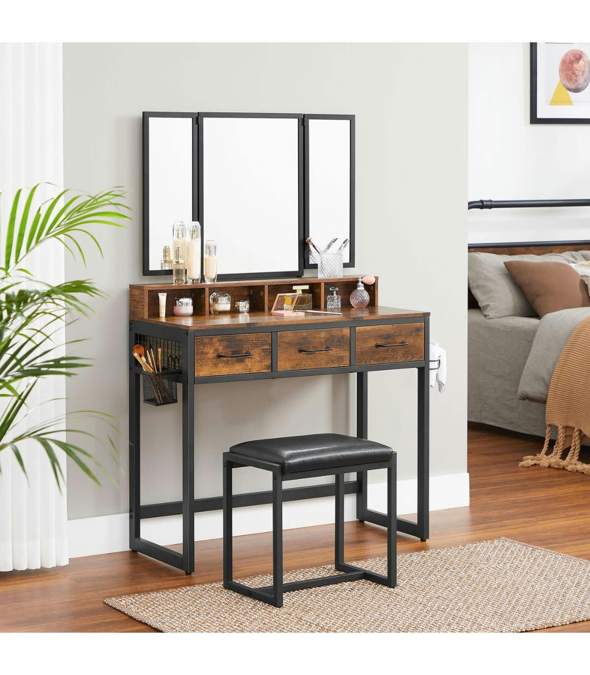 - Console à maquillage avec miroir et tabouret effet bois L90 x H141 cm