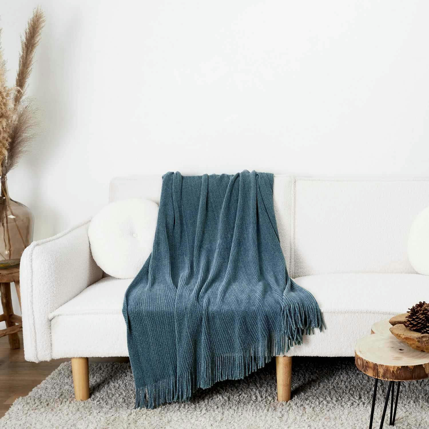 - Plaid chenille en polyester avec franges 120 x 150 cm bleu canard