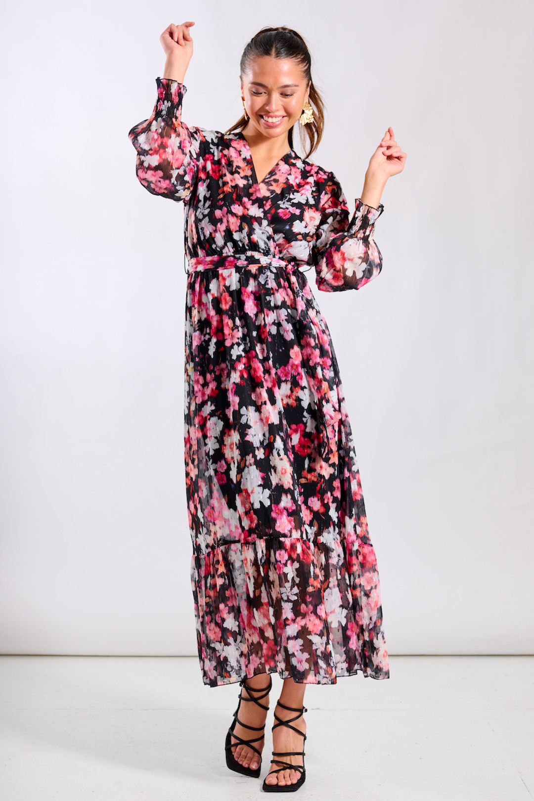 Needs No Label Black Floral Chiffon Maxi Dress