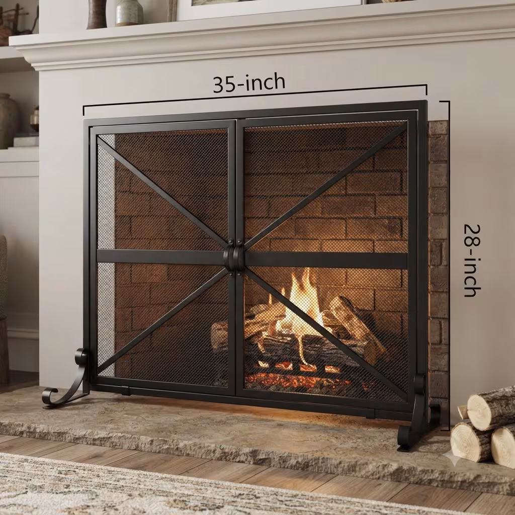 Wrought Iron Fireplace Screen with Hinged Doors, Mesh Spark Guard for Indoor Fireplace