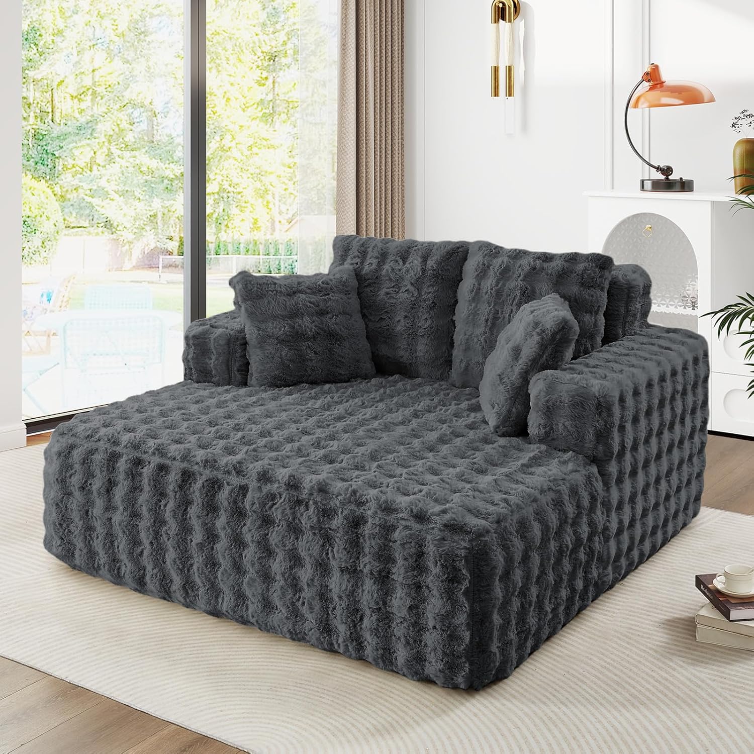 56 W Oversized Chaise Lounge Chair Indoor,Plush Faux Fur Sleeper Couch Sofa Bed with Pillows,Fluffy Comfy Cloud Sofa,Compression Foam Boneless Couch for Living Room,Bedroom(Bubble, Grey)