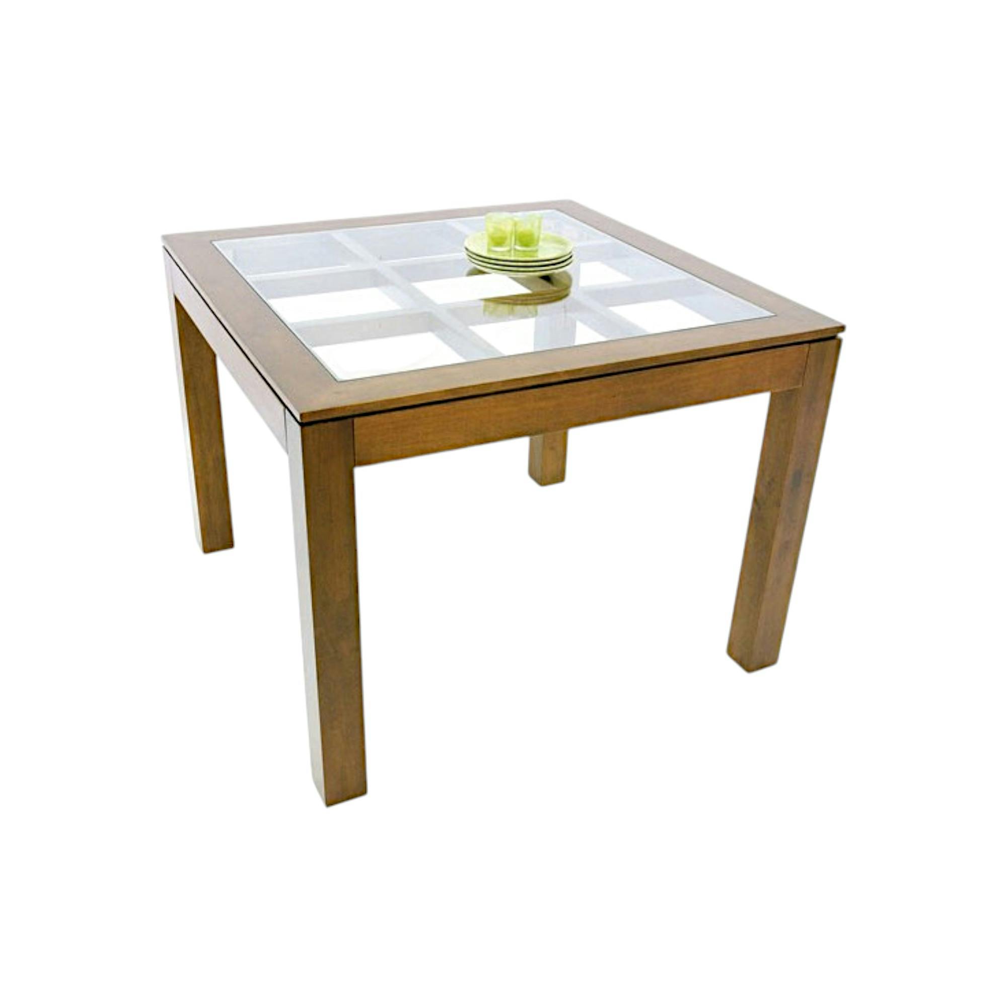 Table de repas carrée Hévéa avec plateau verre posé sur quadrillage bois 100x100x76cm HELENA