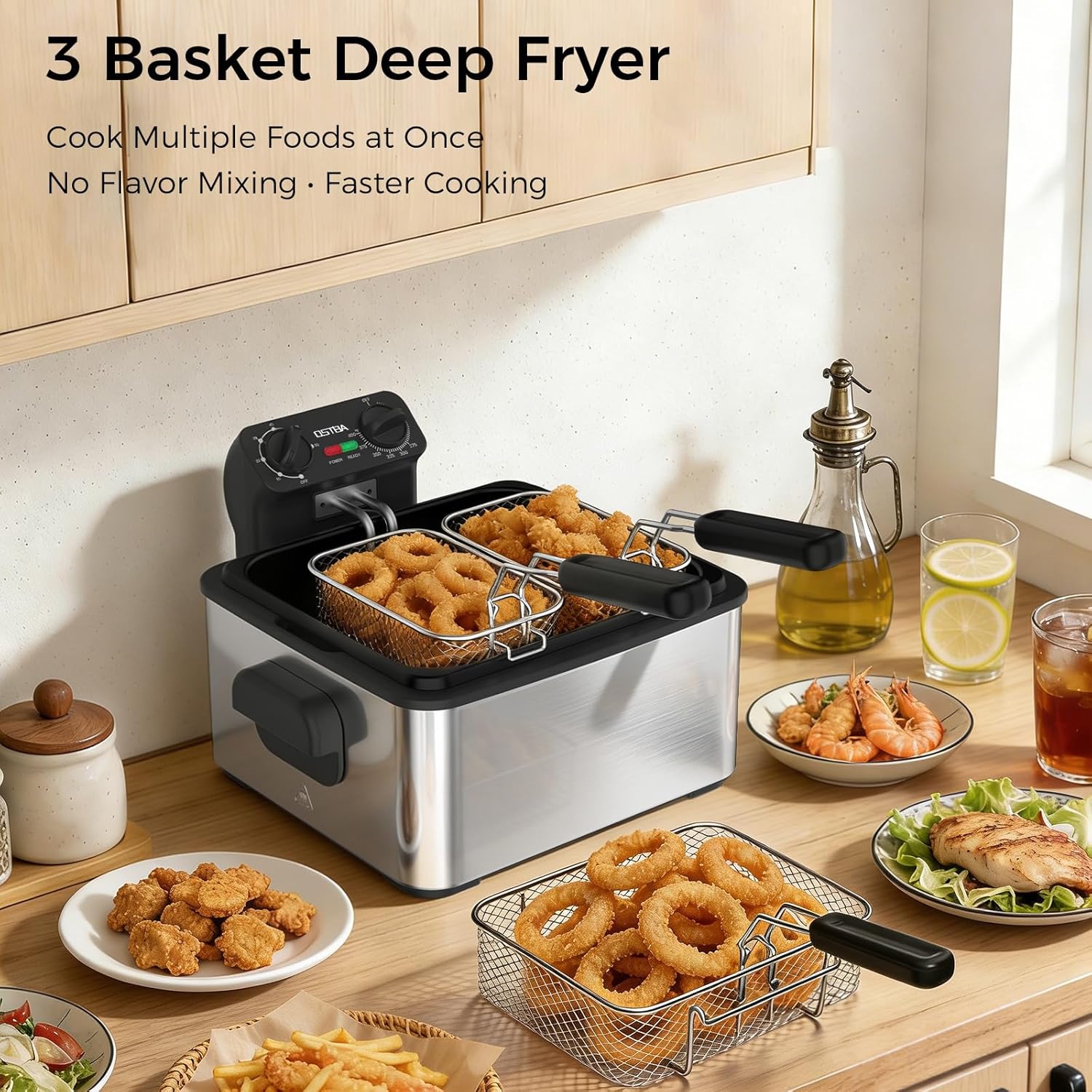 OSTBA Electric Deep Fryer with 3 Baskets, 1700W Stainless Steel Oil Fryer, 4.75QT Countertop Fryer with Adjustable Temperature, Viewing Window, Odor Filter & Removable Oil Container