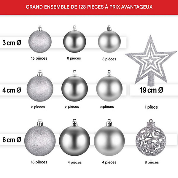 Boules de Noël Argentées Décorations de sapin Coffret de 128 pièces inclus ètoile de sapin-5 cartes