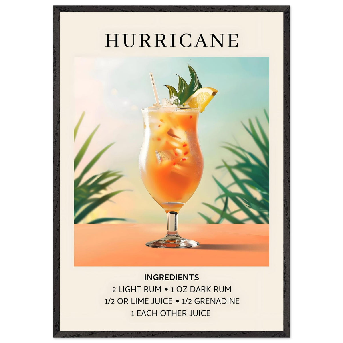Artfulprints Poster met Lijst Hurricane cocktail - Ingrediënten  - 70x100 cm - Meerkleurig