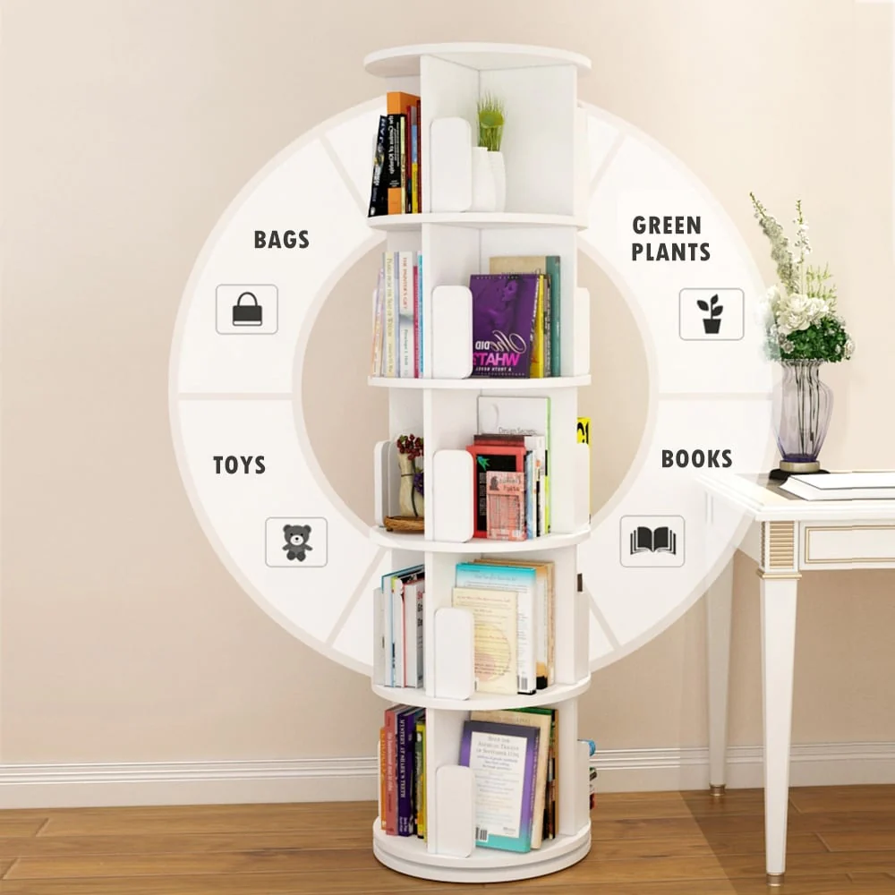 White 4-sided Revolving 360 Display Media Storage Bookcase Rotating Bookshelf
