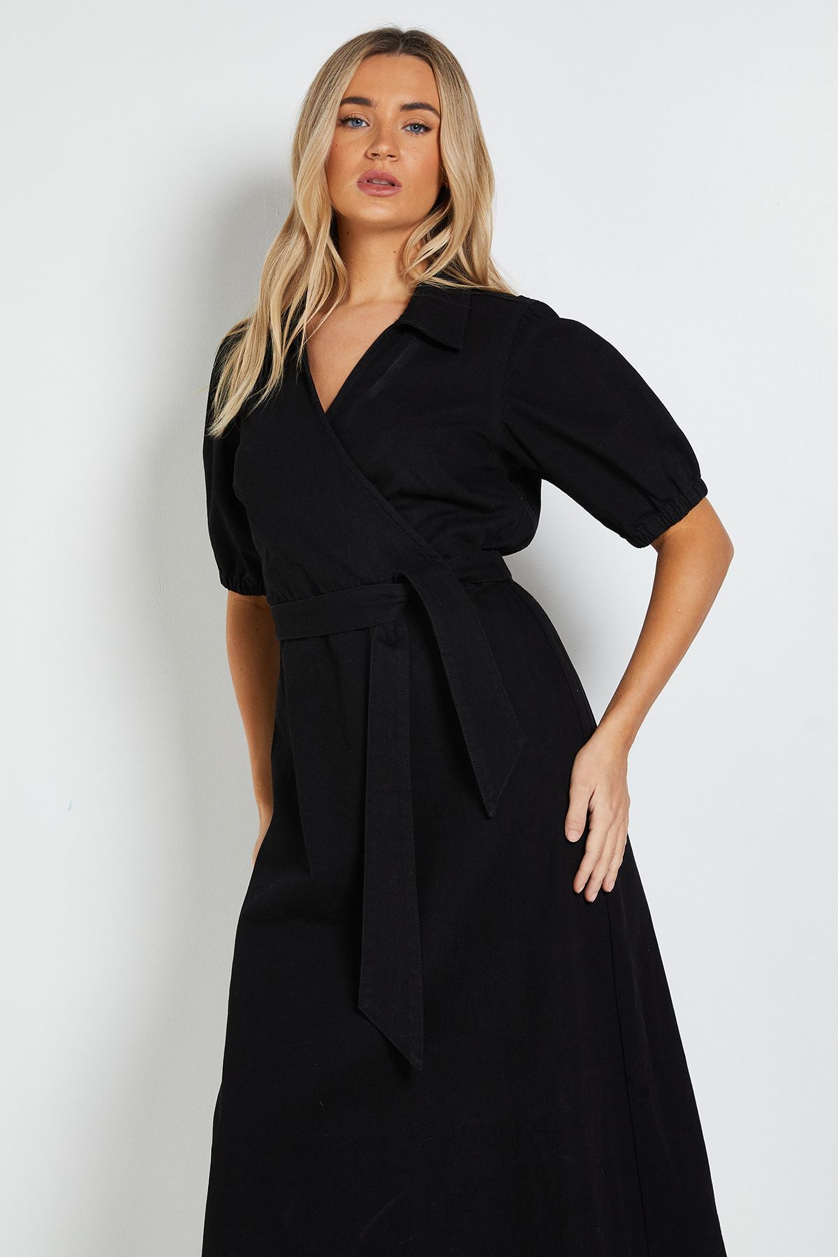 Dorothy Perkins Volume Sleeve Wrap Midi Denim Dress