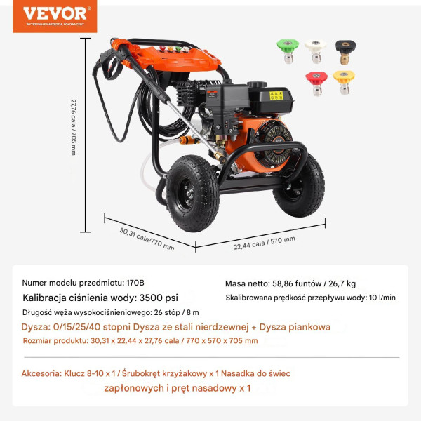 Myjka spalinowa 3500 PSI 10L/min 5 dysz - do samochodów i myjni