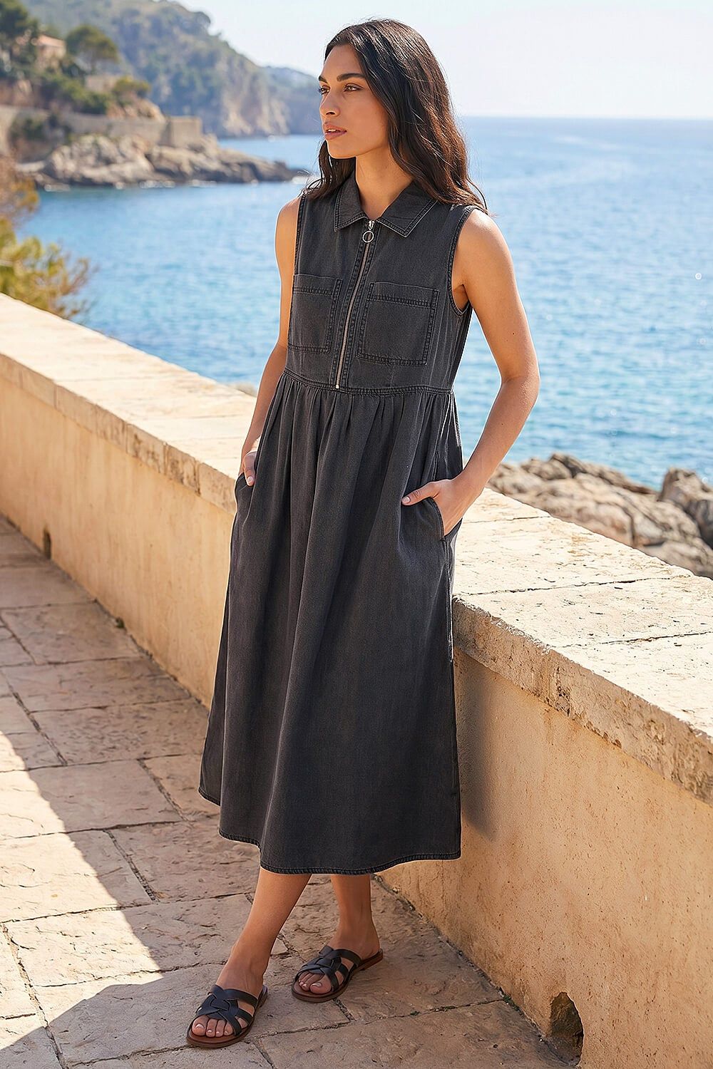 Roman Collared Front Zip Midi Dress