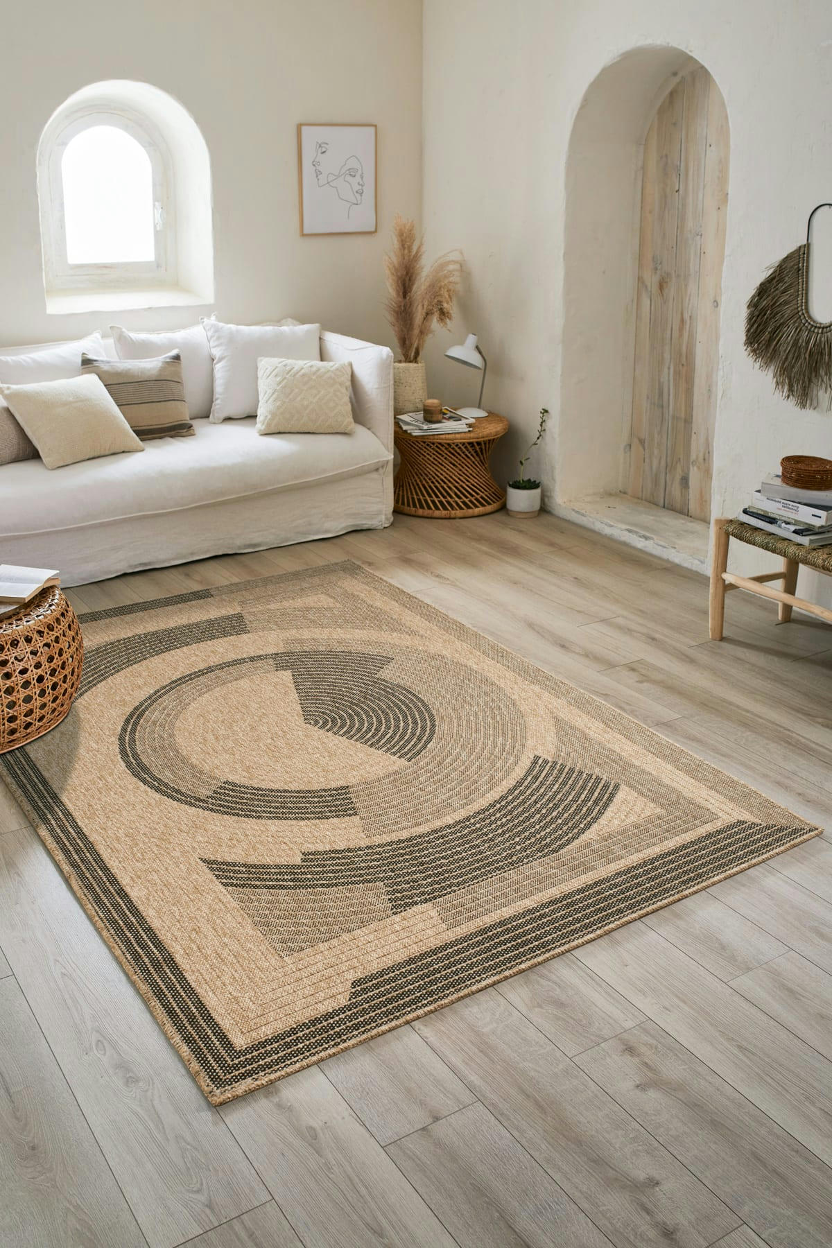 NATURE - Tapis intérieur et extérieur effet jute motif abstrait noir 200x290