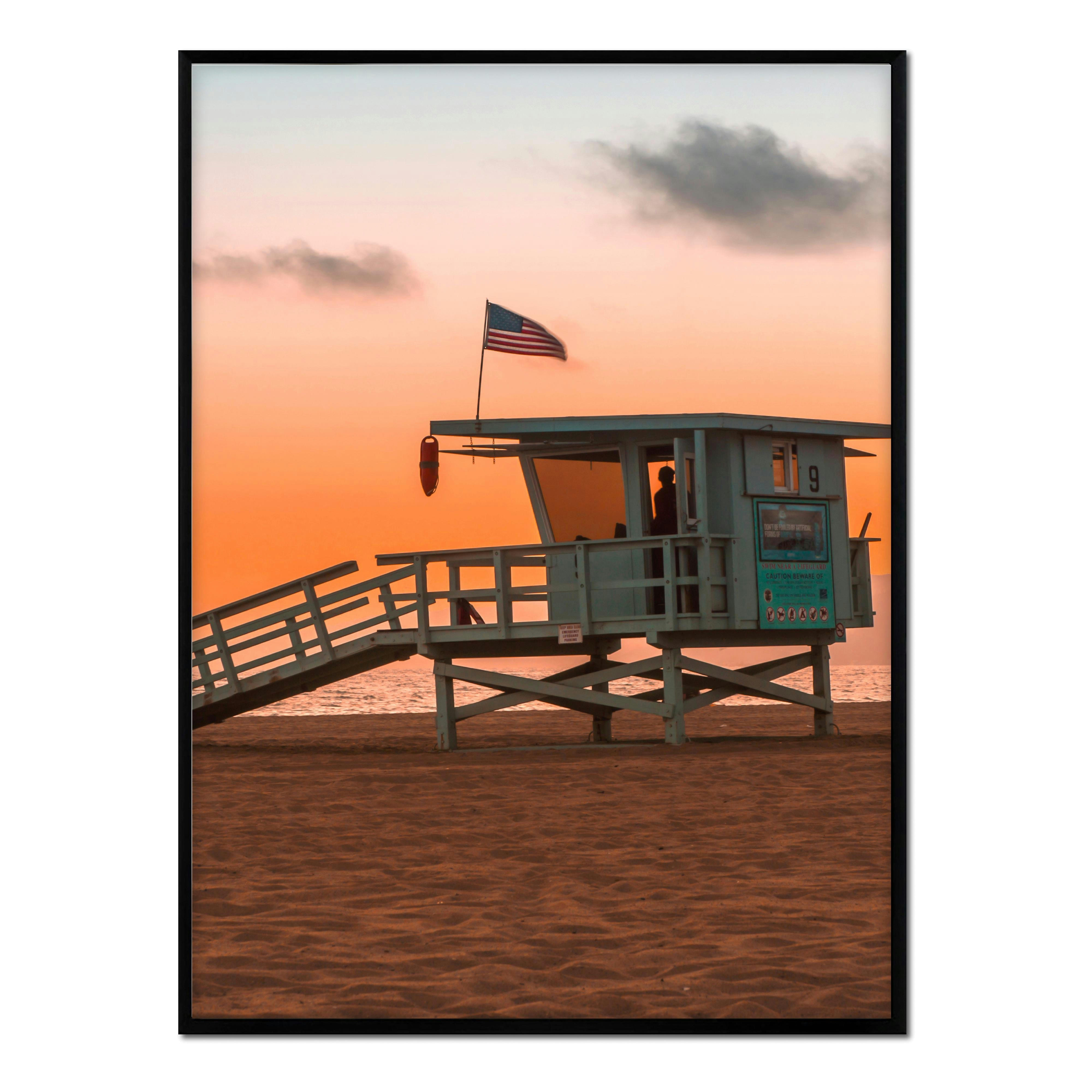 PLAYA - Affiche avec cadre noir - Maître-nageur, Santa Monica - 50x70