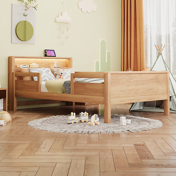 Lit enfant 90x200 cm simple avec USB/Type-C, LED et tête de lit rangement, pin massif et MDF naturel, sans matelas