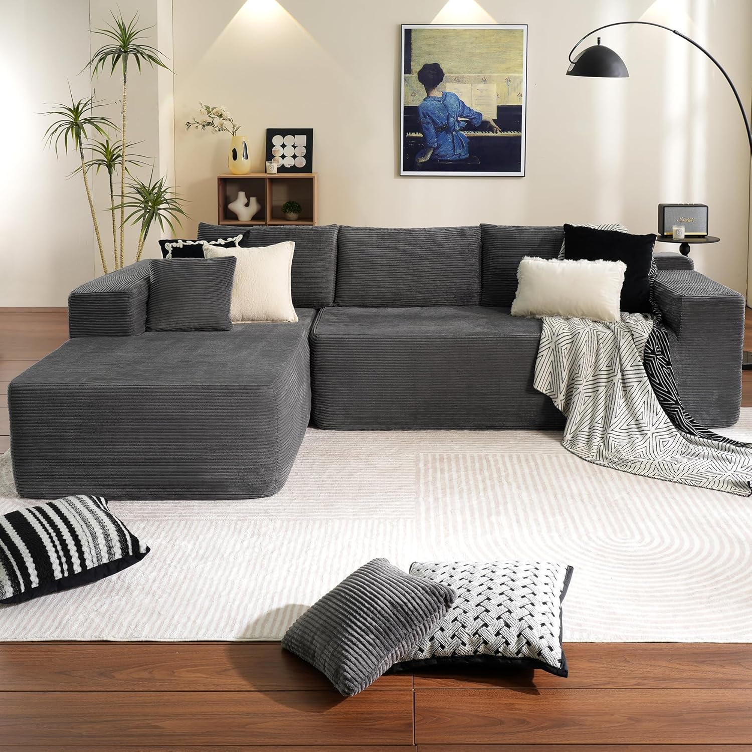 ovios 104 Cloud Sectional Couch with L-Shape Chaise,Modern Modular Sofa with Deep Seat, Upholstered Couches for Living Room Bedroom,No Assembly Required, Black (Corduroy Fabric)(Left Facing Chaise/Grey (Corduroy Fabric))