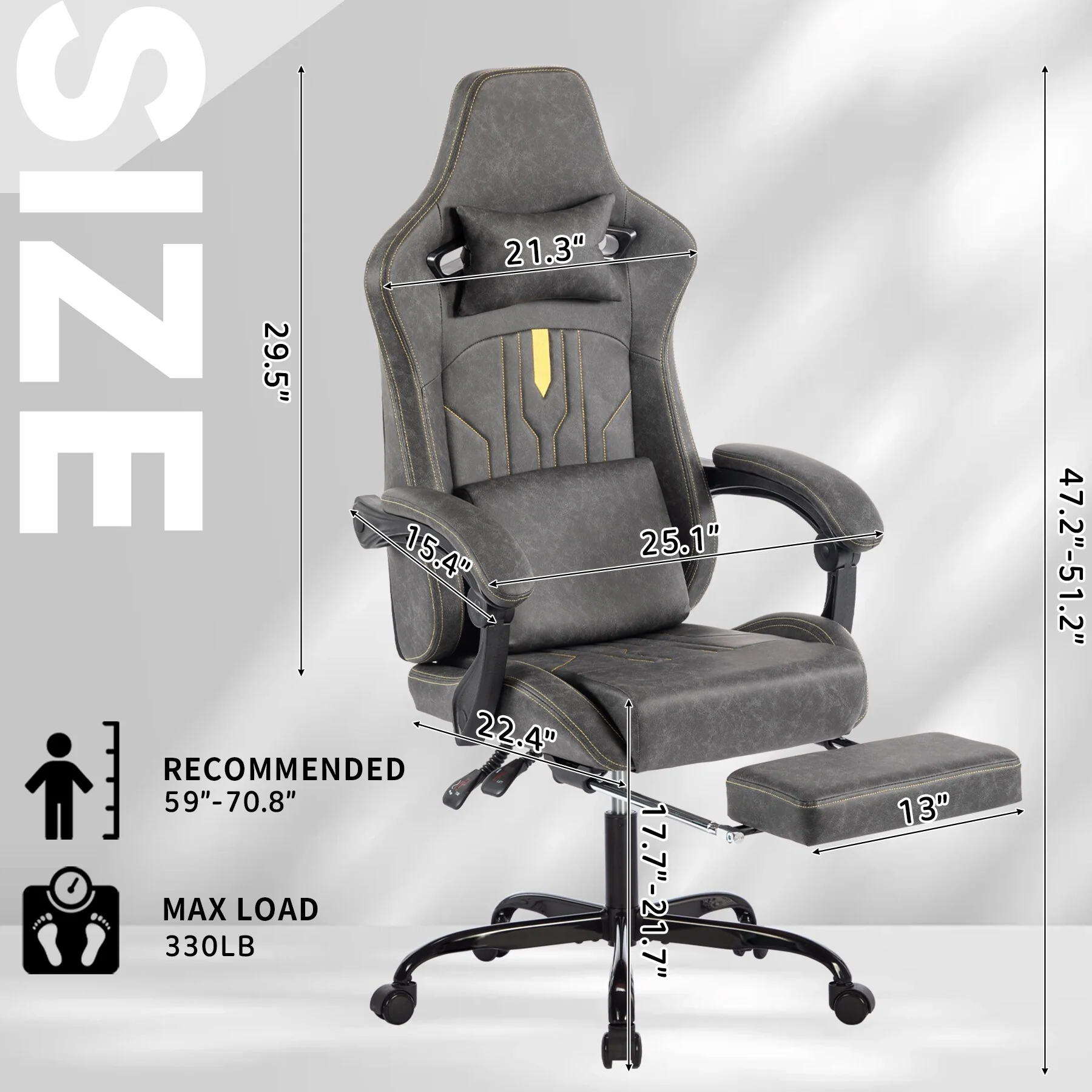 Gaming Chair with Massage Lumbar Support and Footrest, Comfortable Ergonomic Chair with Linkage Armrests, Height Adjustable