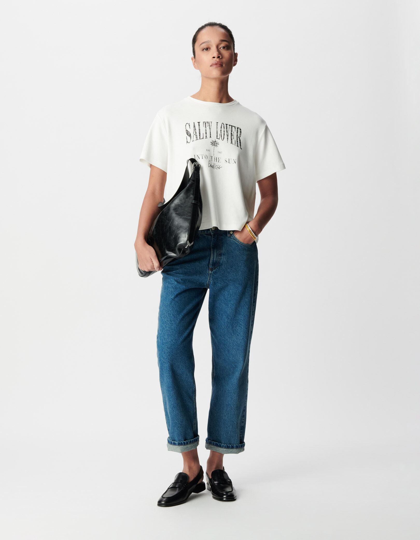 Tee-shirt col rond blanc coton bio message Femme