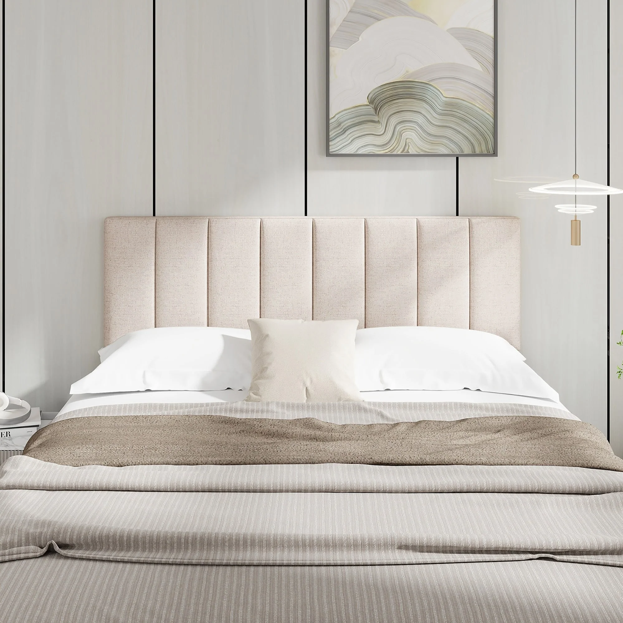 Gymax Linen Upholstered Headboard Vertical Channel Tufted Wood Leg for