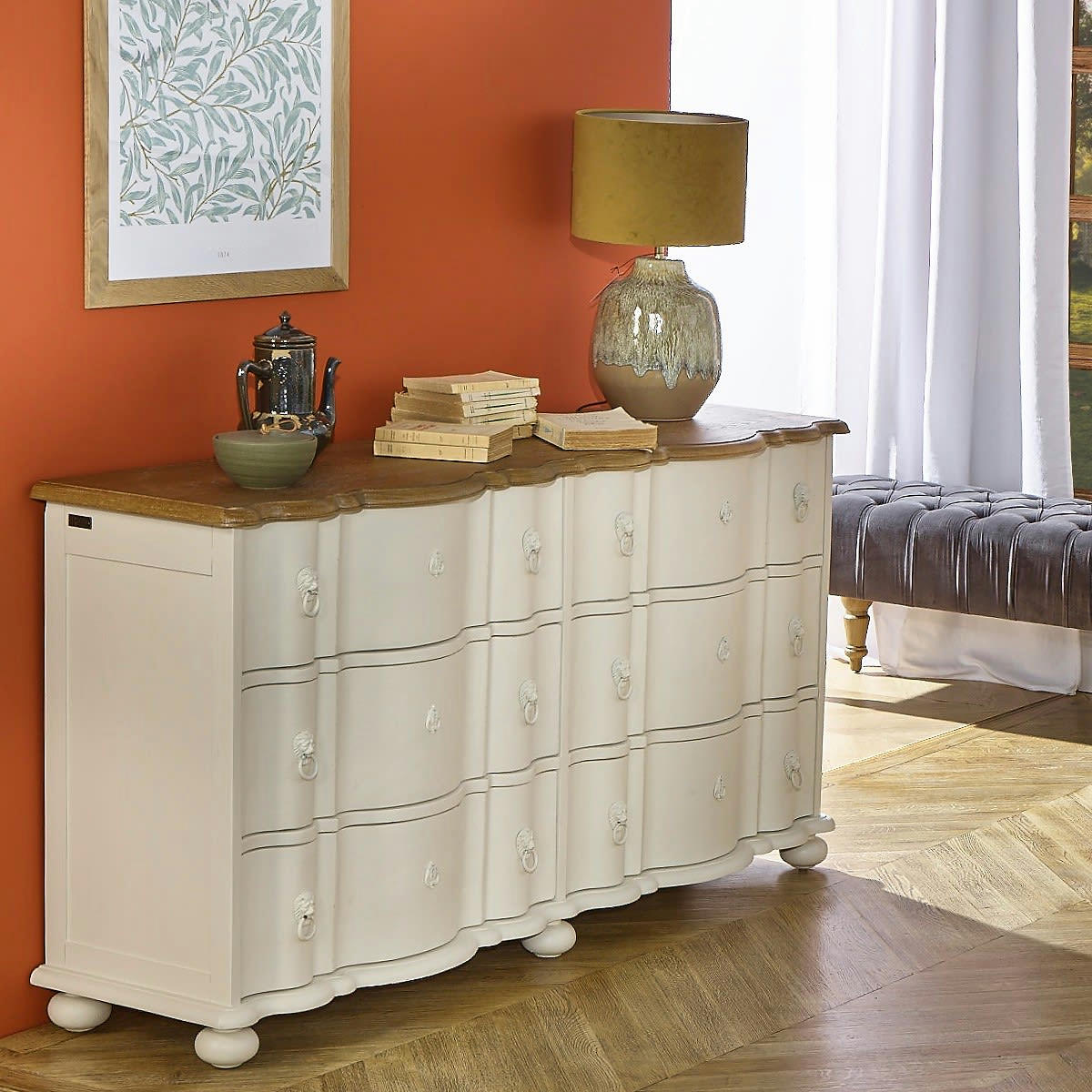 GOODMOON - Commode double plateau chêne 6 tiroirs blanc