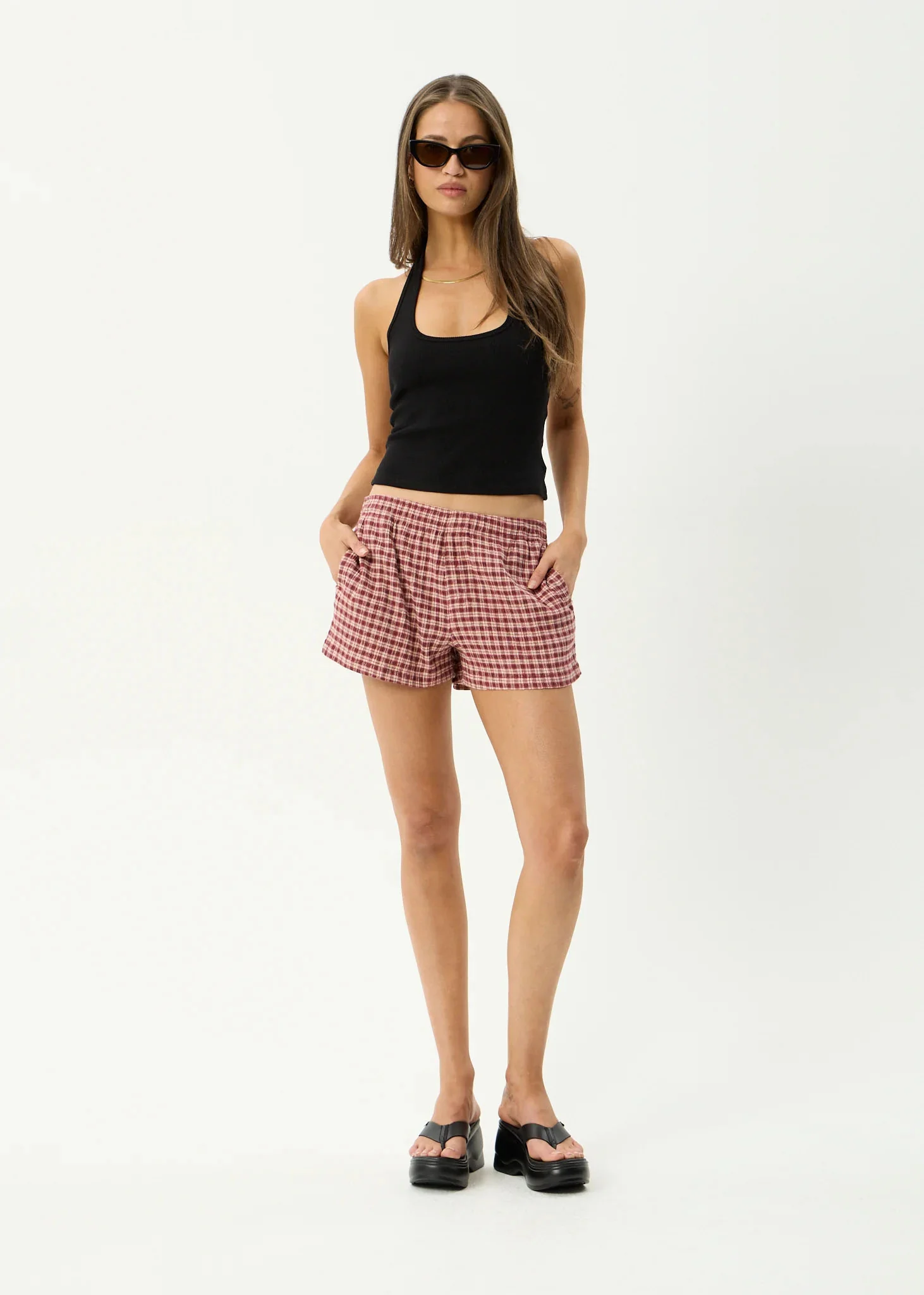 AFENDS Womens Capricorn - Seersucker Short - Burgundy / Beige Check