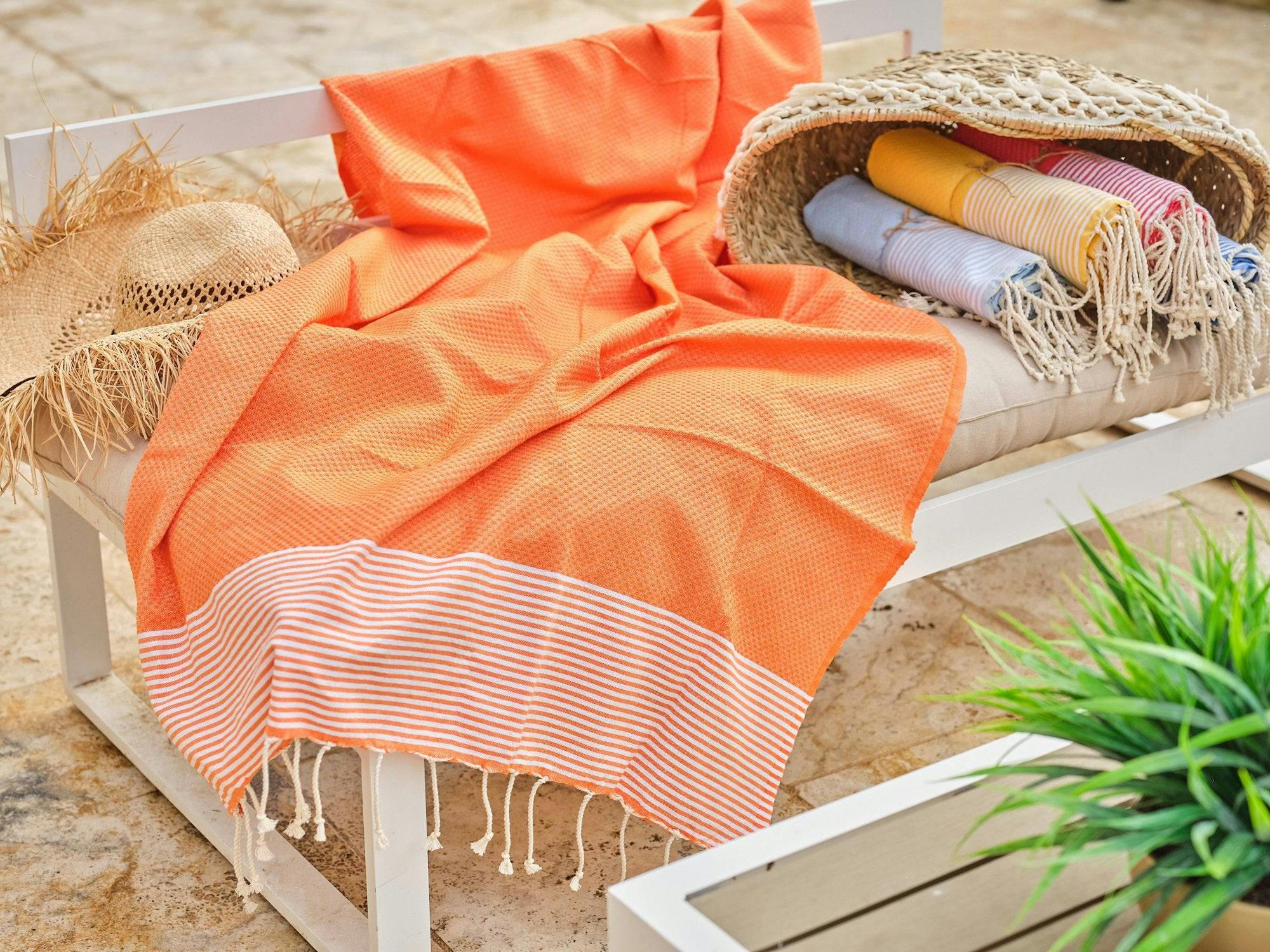 - Fouta en coton tissage nid d'abeille 100x200cm orange