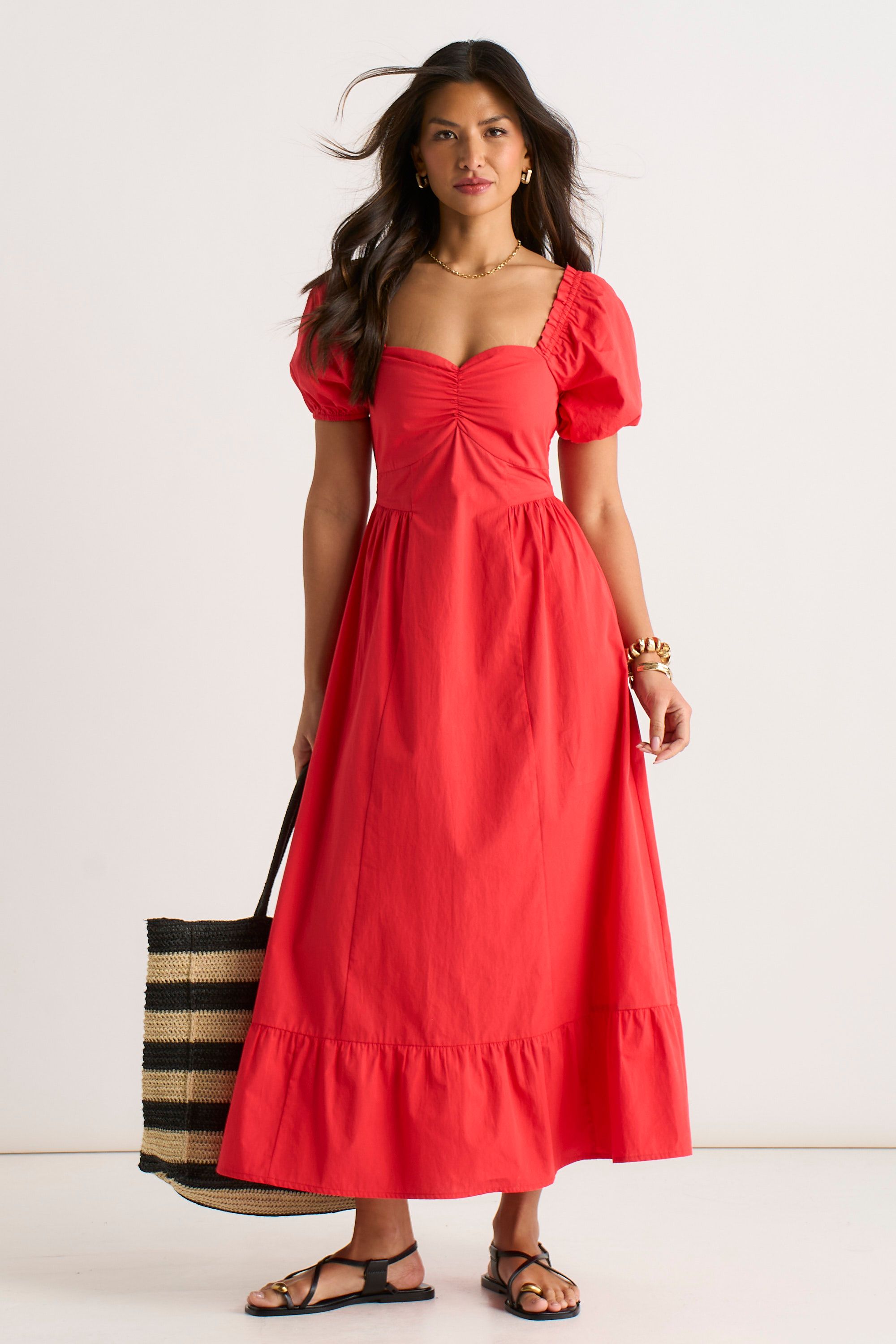 Gini London Red Gypsy Puff Sleeves Midaxi Dress