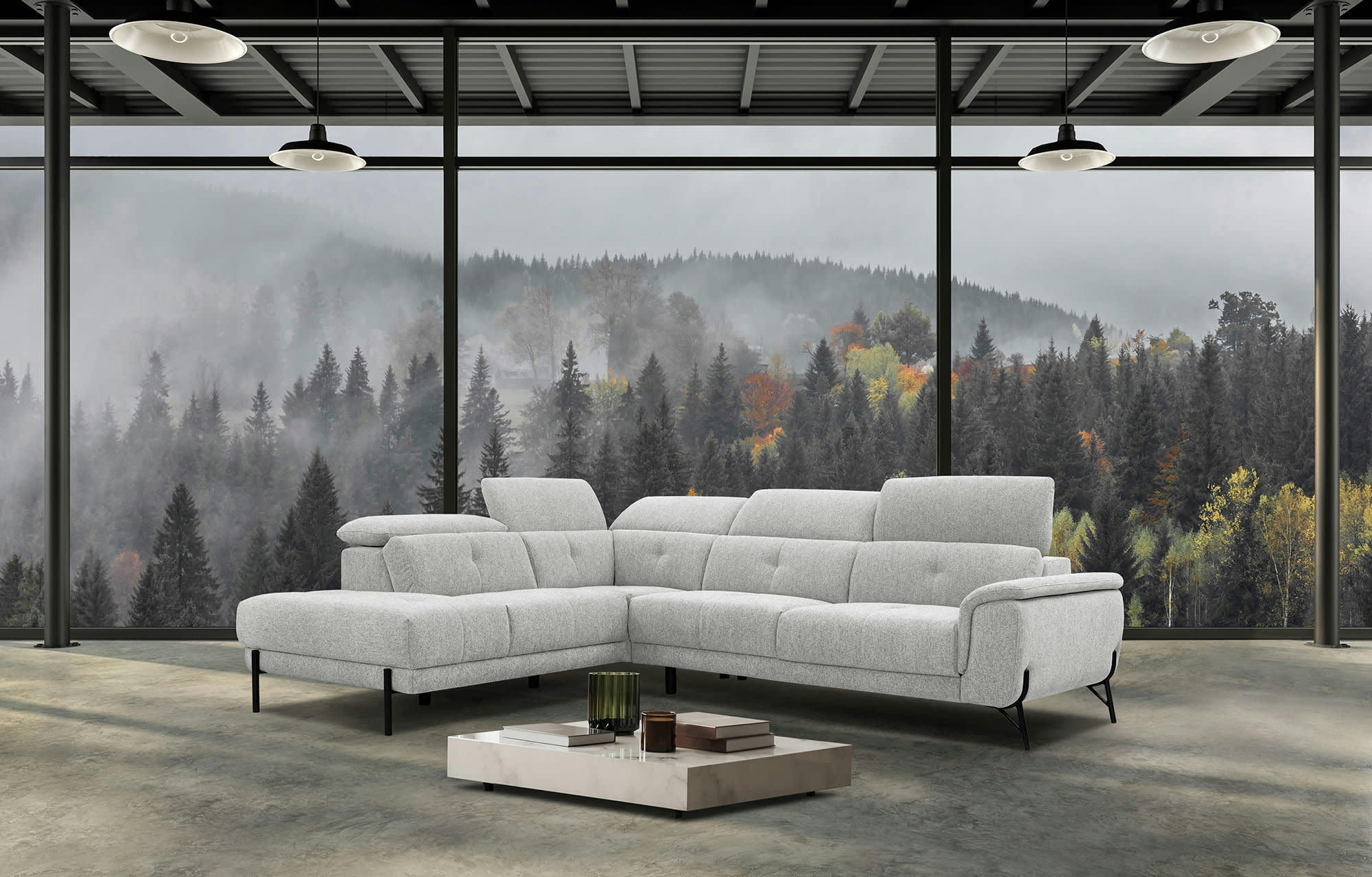 AVENA - Canapé d'angle gauche  5 places en tissu beige clair