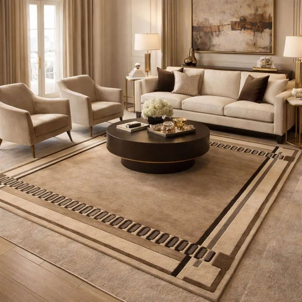 Neutral Beige Border Rug 8x10/9x12 Hand Tufted Wool Rug Minimalist Modern Area Rug for Living Room Bedroom Decor Custom size Available