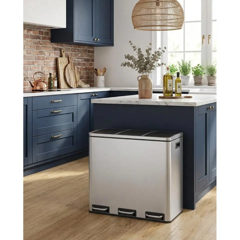 RVS Pedaalemmer 54 Liter Afvalscheiding Met 3 Vakken