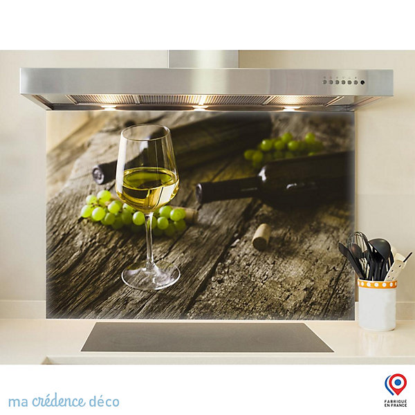 Crédence cuisine fond de hotte Vin blanc et grappe - Verre trempé - L 70 cm x H 60 cm - MaCrédenceDéco